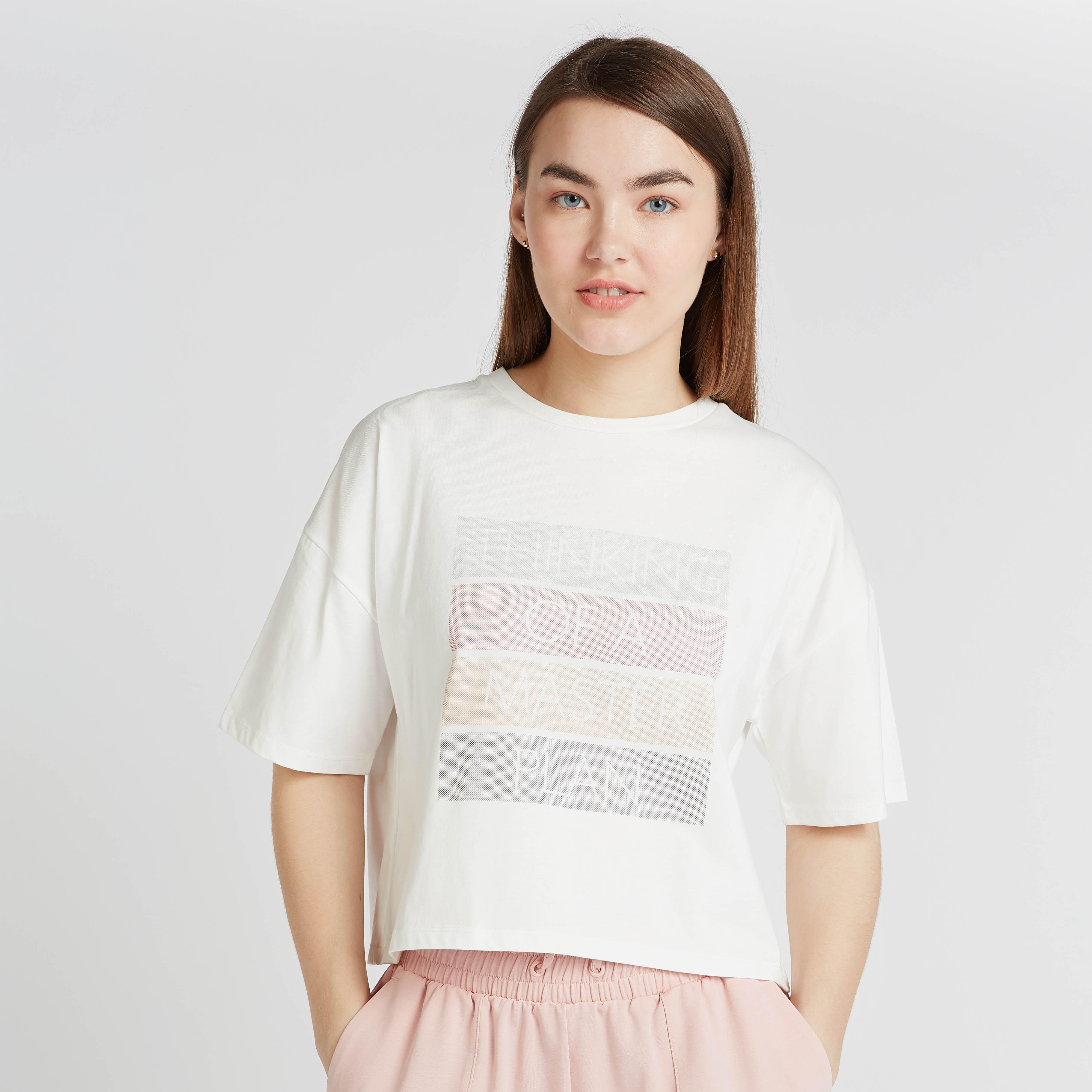 Typographic Print T-shirt with Crew Neck and Short Sleeves-women-clothing-tshirts-image-1