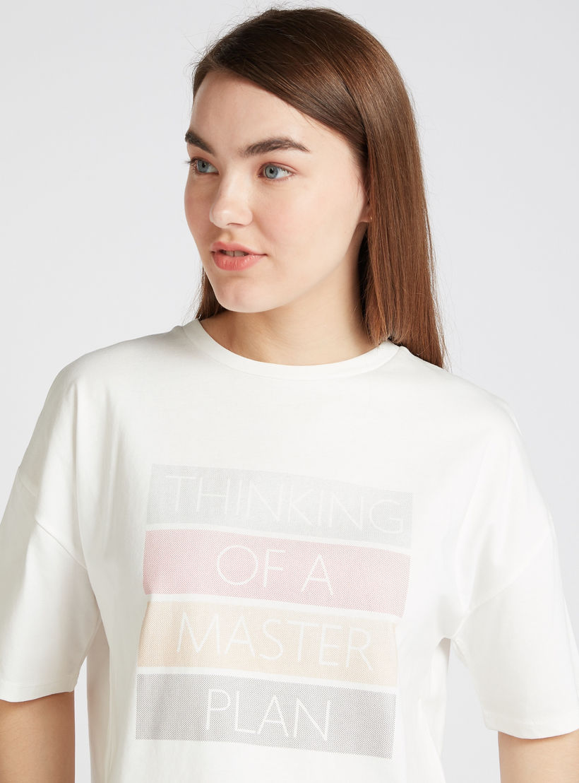 Typographic Print T-shirt with Crew Neck and Short Sleeves-women-clothing-tshirts-image-3