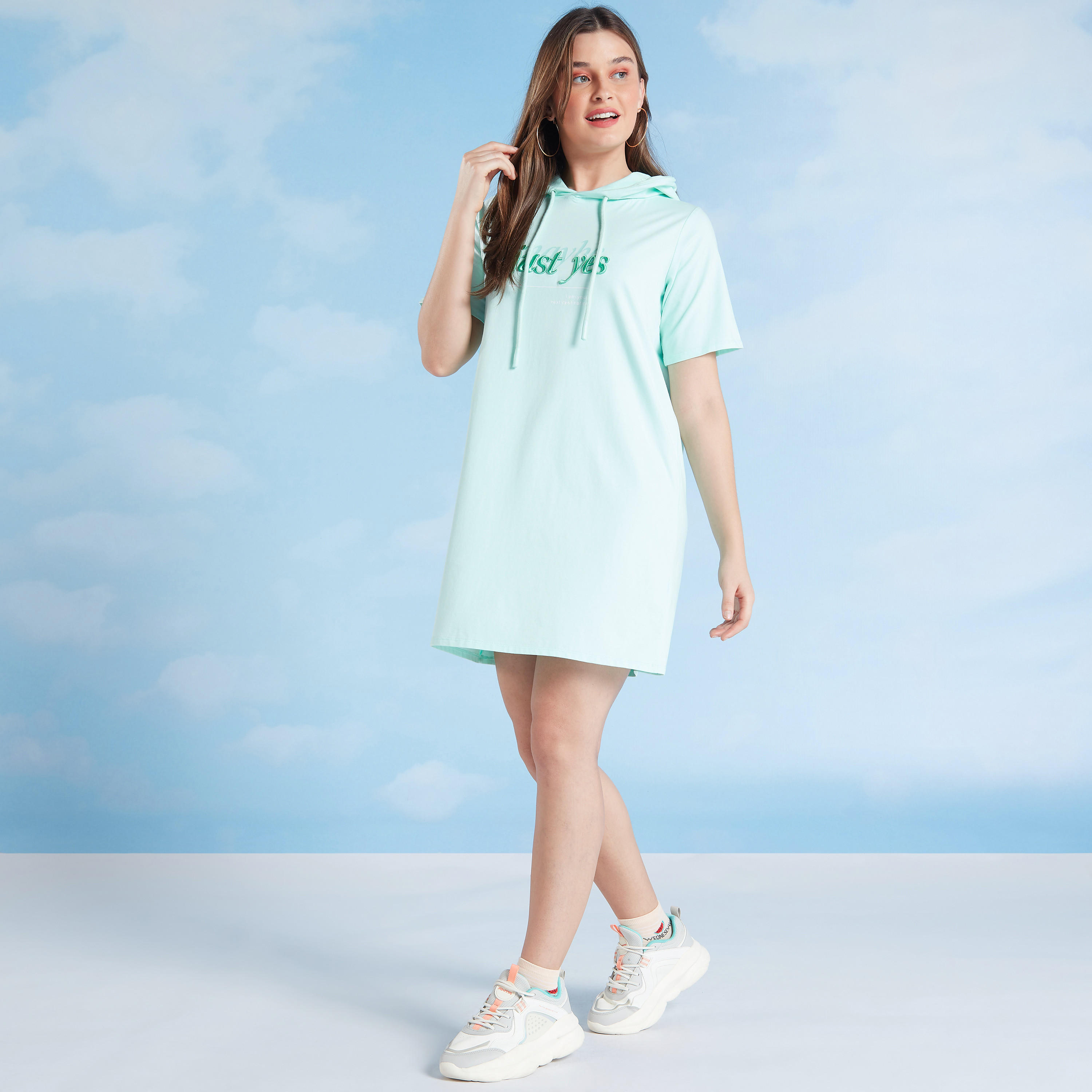 Printed Mini Shift Dress with Short Sleeves and Hood-women-clothing-dresses-image-2