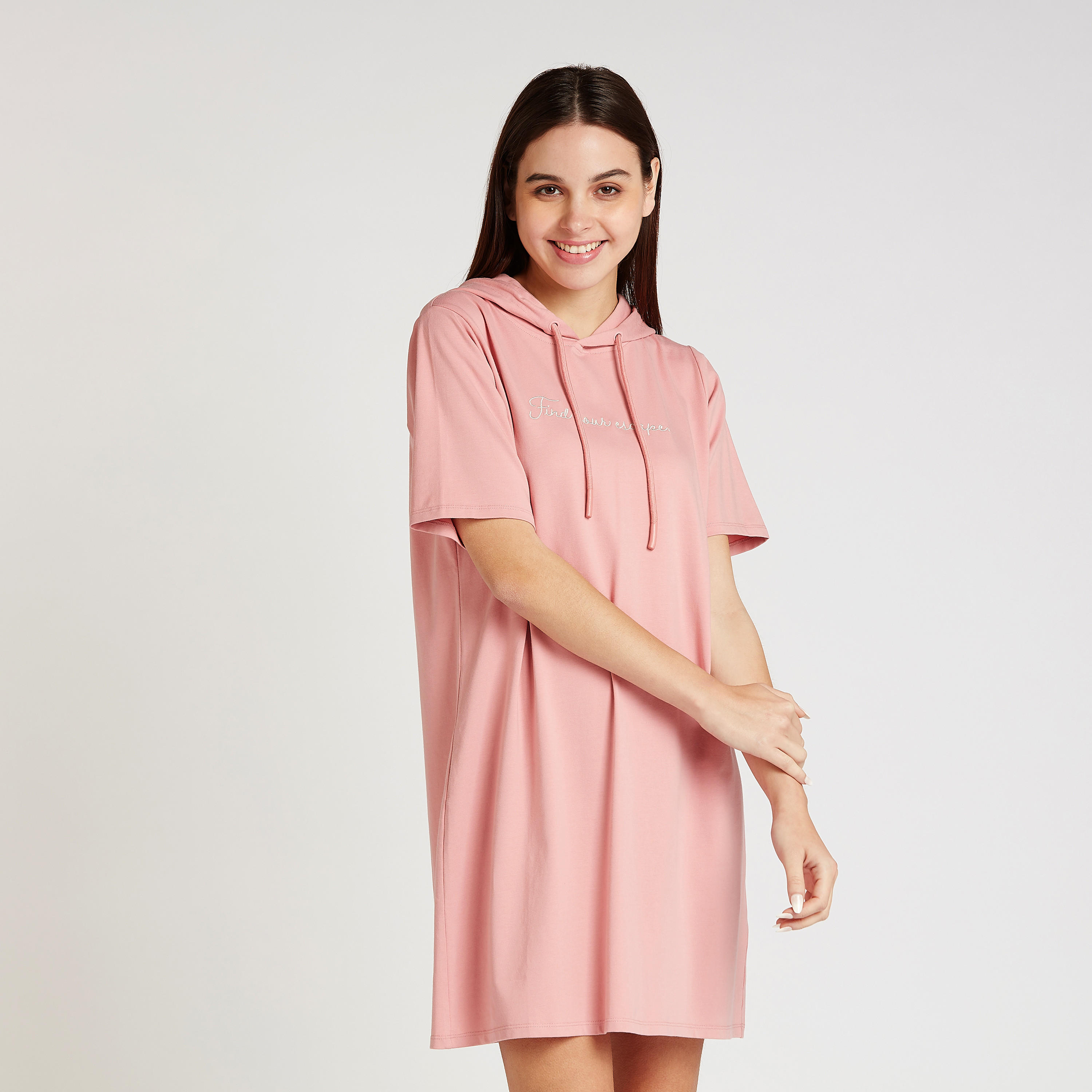 Printed Mini Shift Dress with Short Sleeves and Hood-women-clothing-dresses-image-1