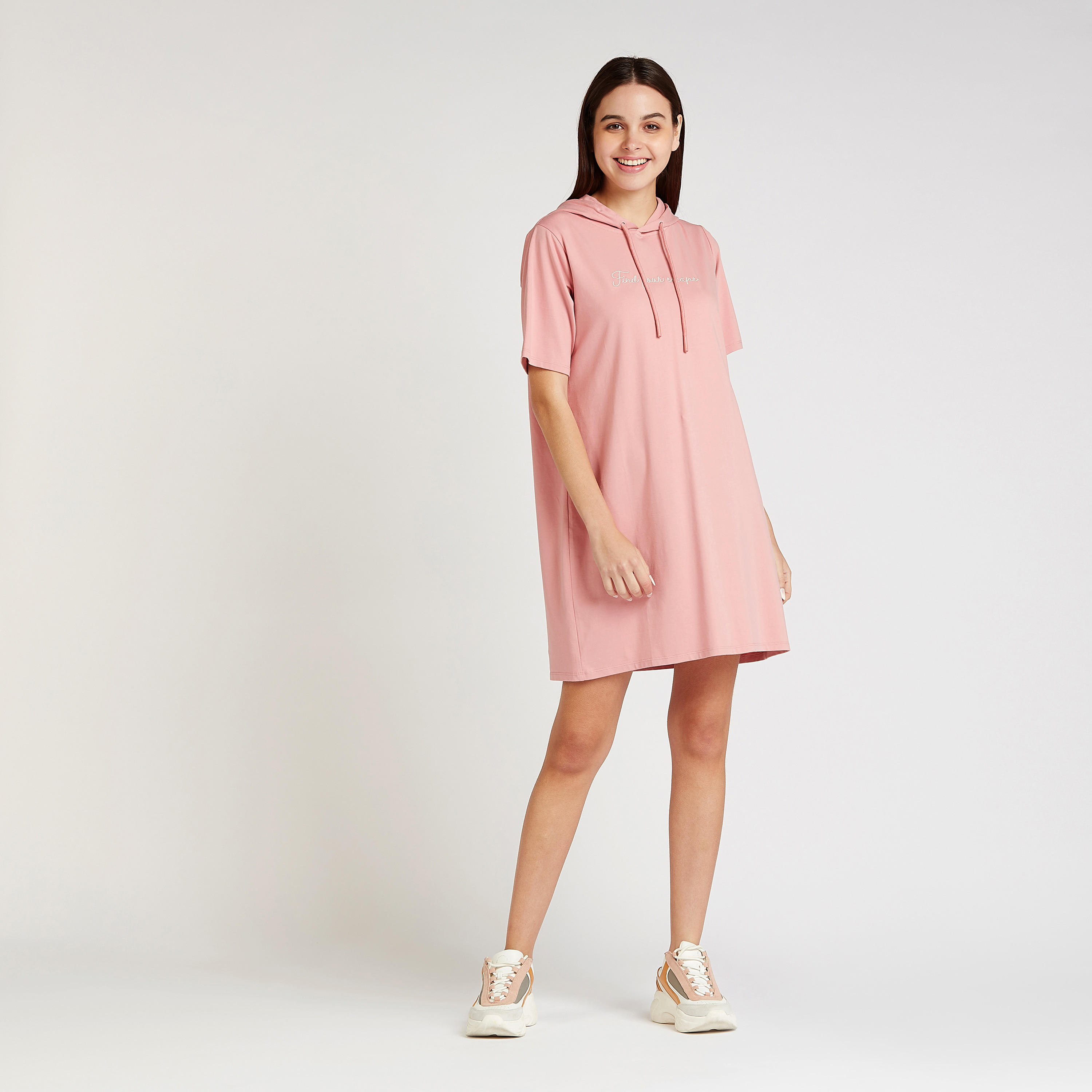 Printed Mini Shift Dress with Short Sleeves and Hood-women-clothing-dresses-image-2