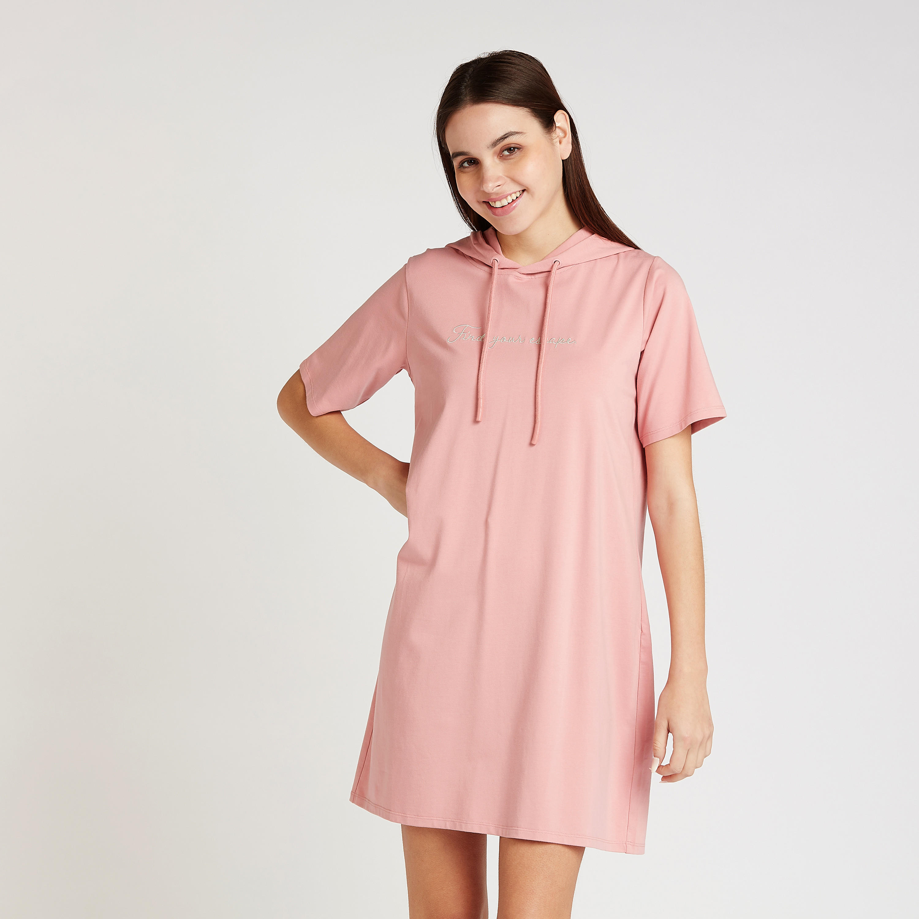 Printed Mini Shift Dress with Short Sleeves and Hood-women-clothing-dresses-image-5