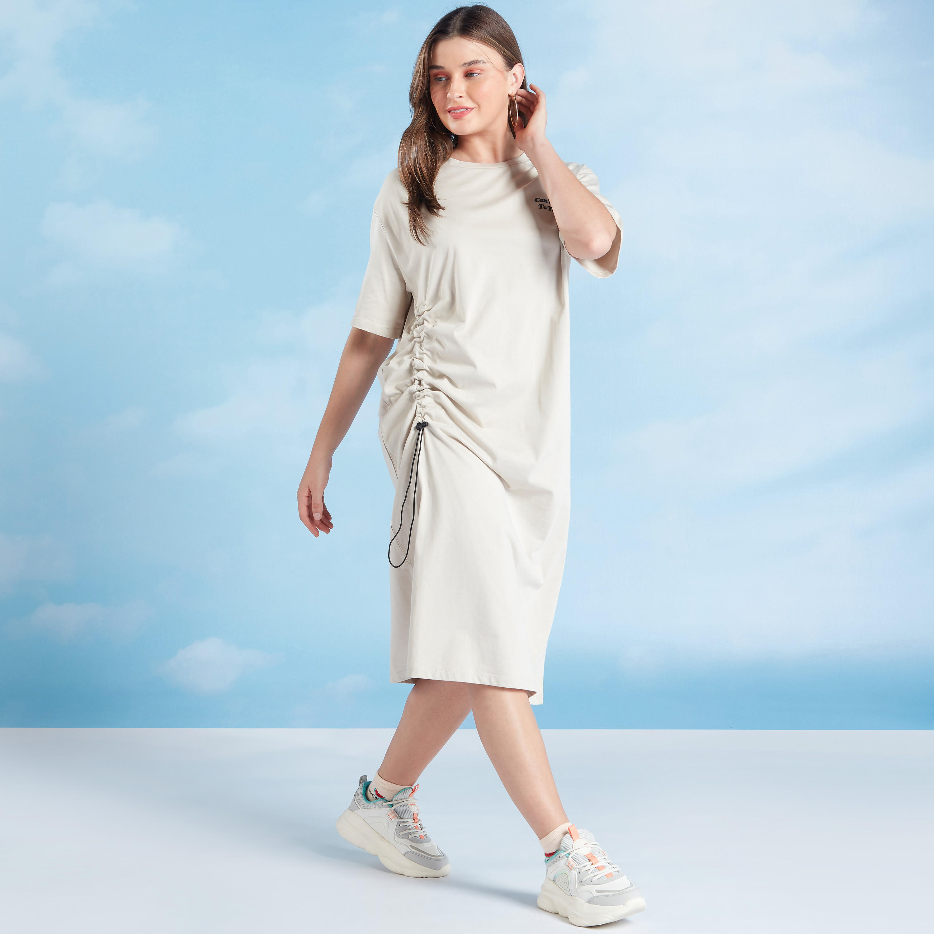 Solid Midi Dress with Short Sleeves and Drawstring-women-clothing-dresses-image-1