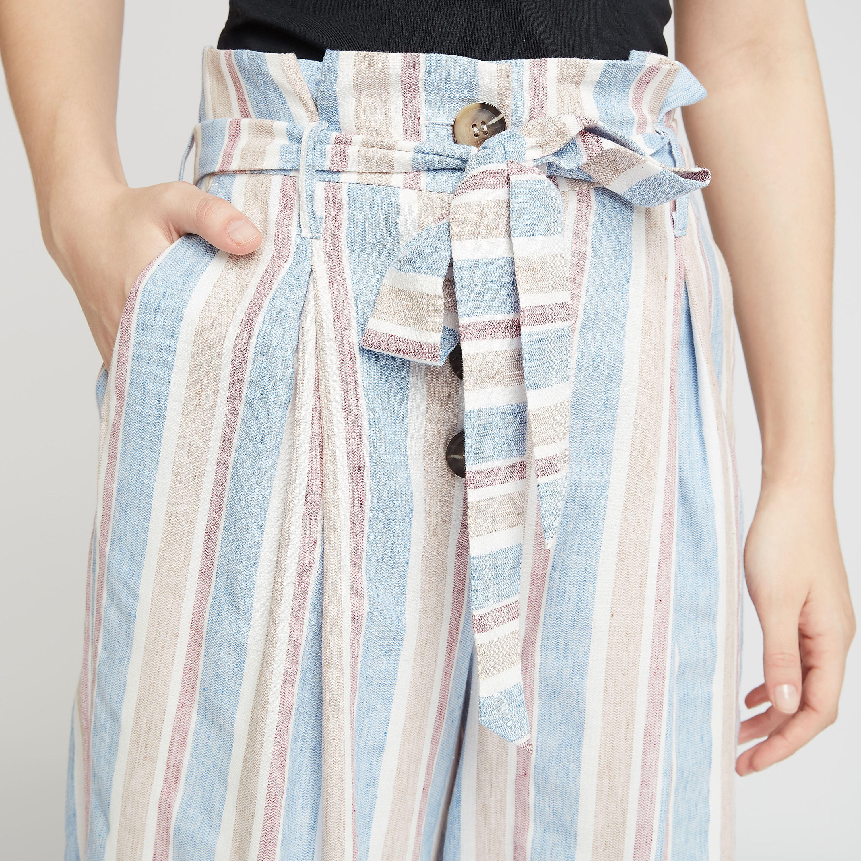 بنطلون بلازو مخطط واسع بخصر متوسط وجيوب-women-clothing-bottoms-trousers-image-3