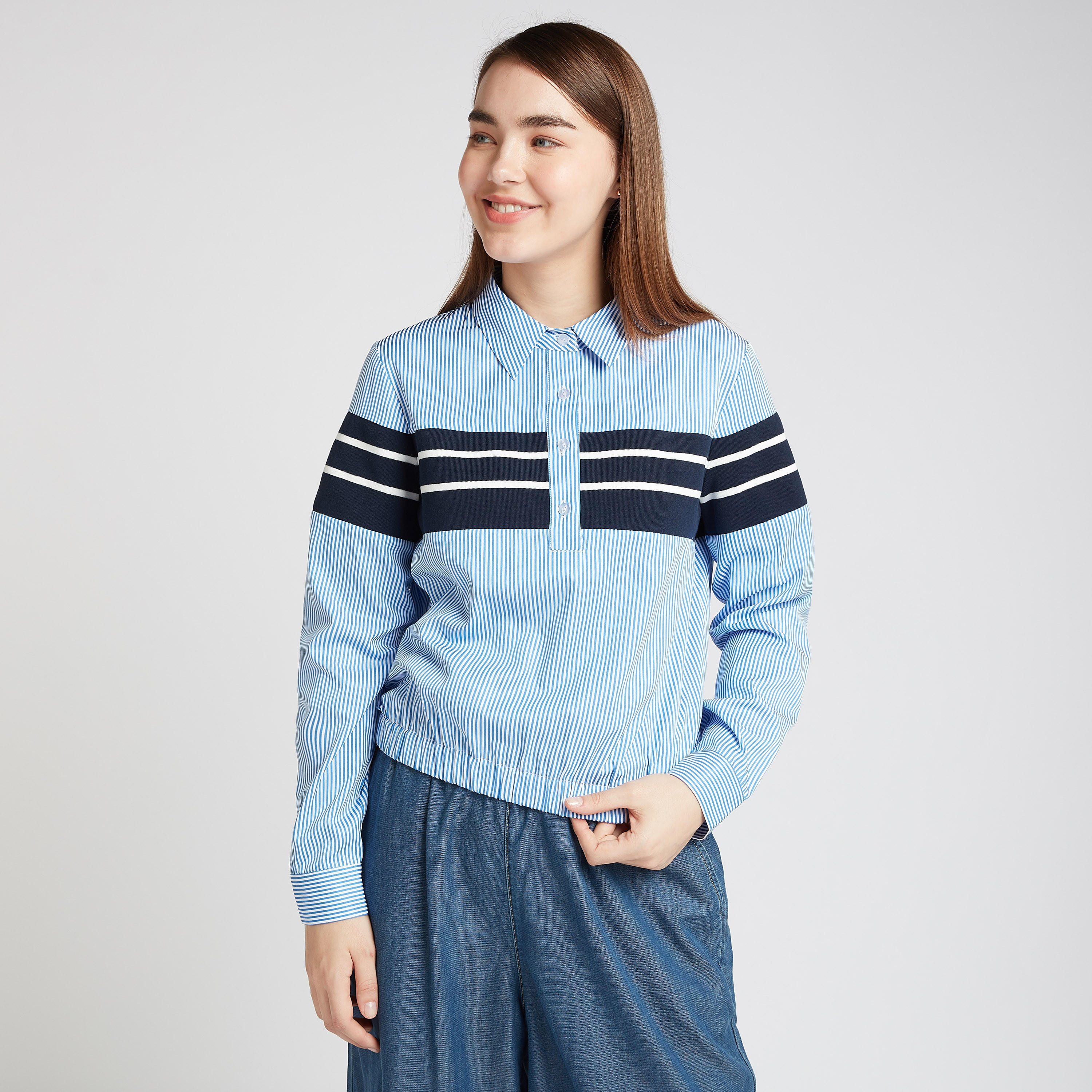 قميص مخطّط بأكمام طويلة ووصلة أزرار-women-clothing-shirtsandblouses-shirts-image-1