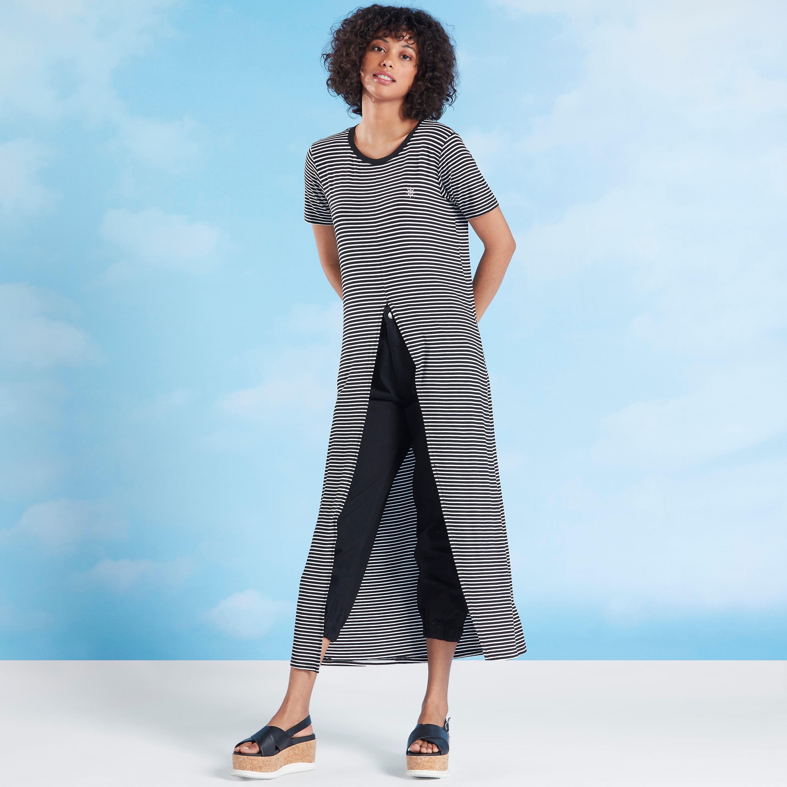 Striped Longline T-shirt with Round Neck and Short Sleeves-women-clothing-tshirts-image-1