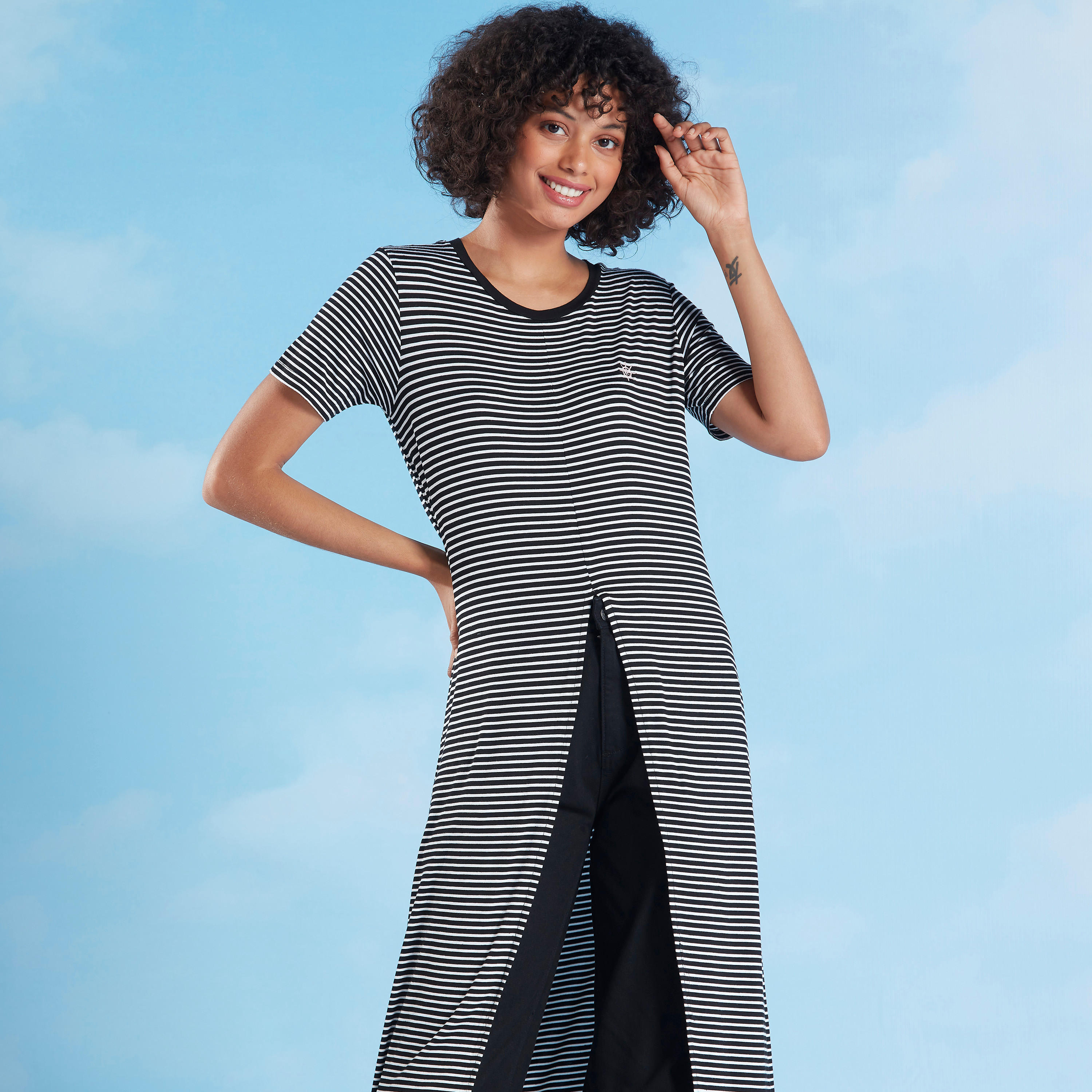 Striped Longline T-shirt with Round Neck and Short Sleeves-women-clothing-tshirts-image-2