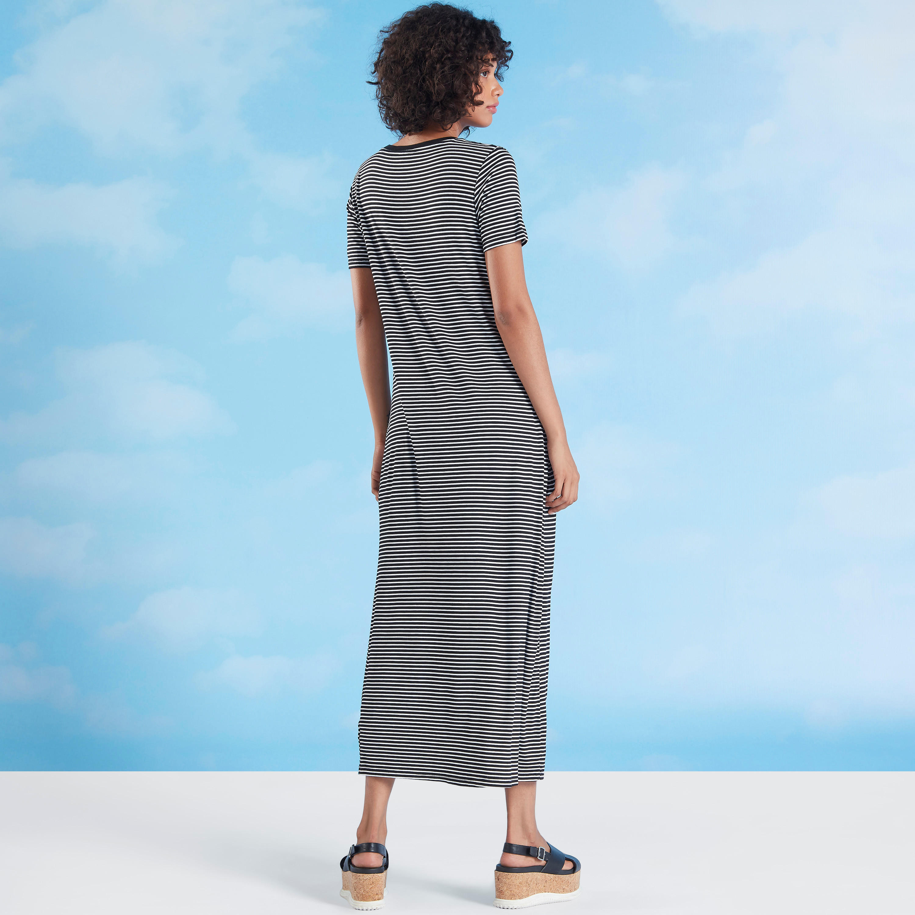 Striped Longline T-shirt with Round Neck and Short Sleeves-women-clothing-tshirts-image-4
