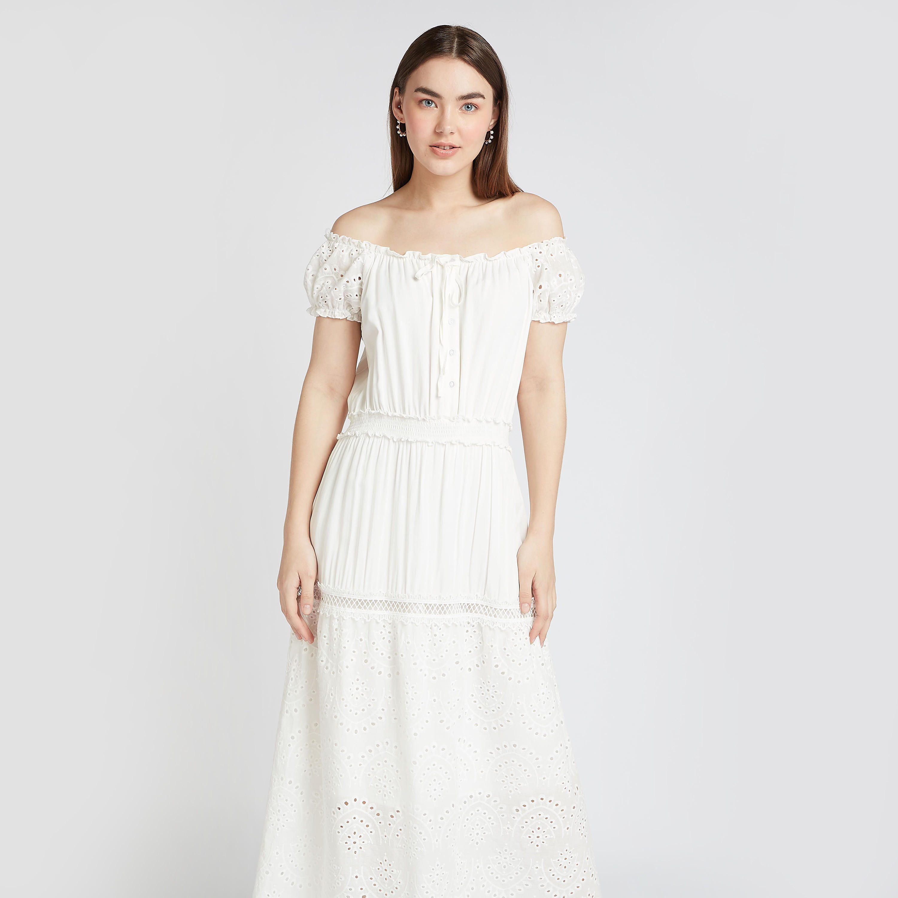 فستان مستدام بأكمام قصيرة وأكتاف مكشوفة بتفاصيل كشكش-women-clothing-dresses-image-2
