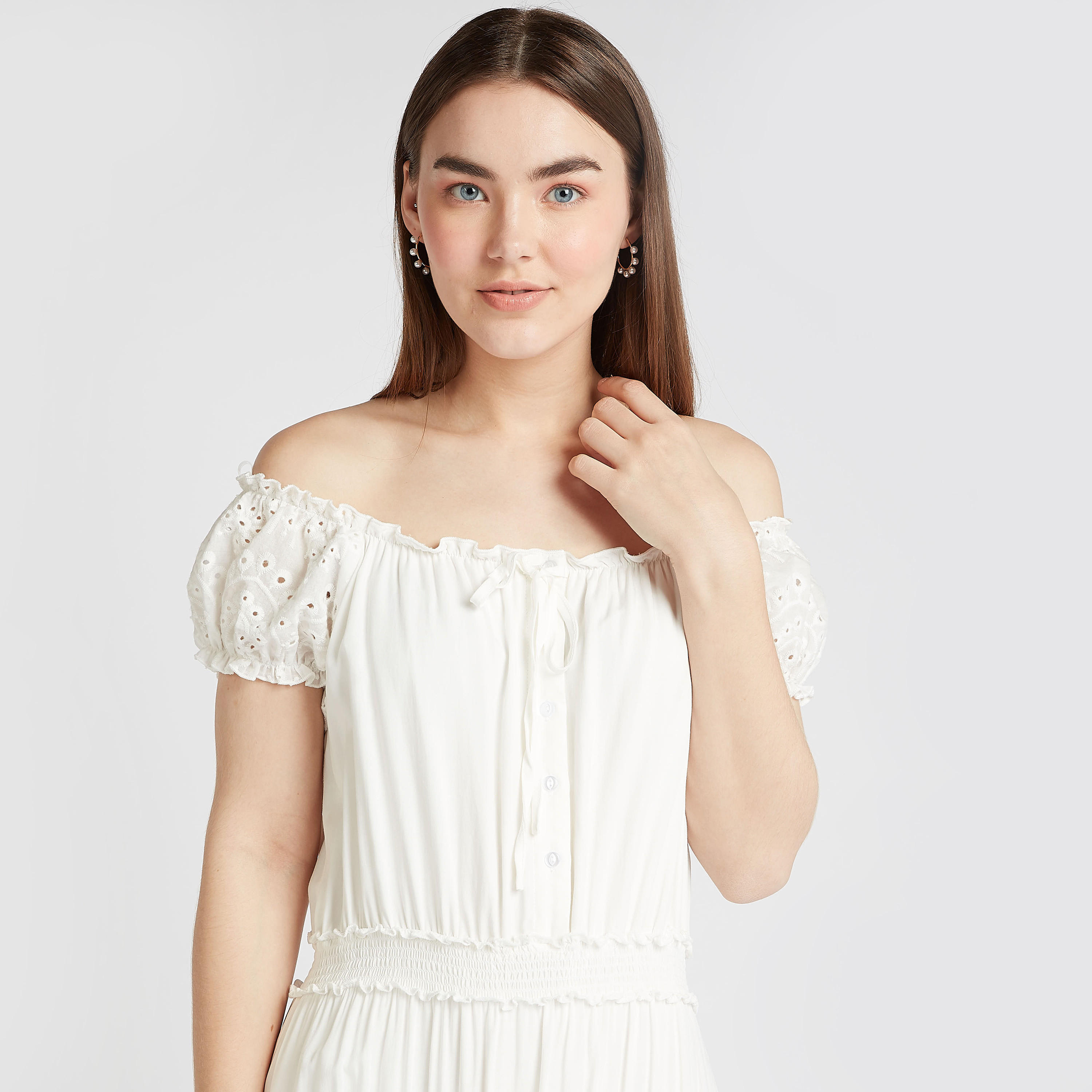 فستان مستدام بأكمام قصيرة وأكتاف مكشوفة بتفاصيل كشكش-women-clothing-dresses-image-3