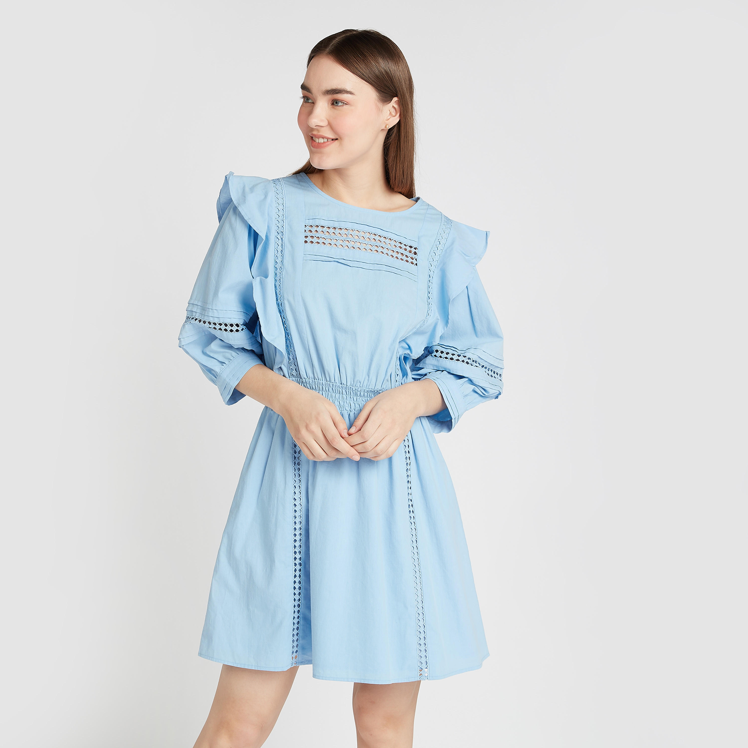 فستان إيه لاين قصير بياقة مستديرة وأكمام 3/4 مطرز-women-clothing-dresses-image-1