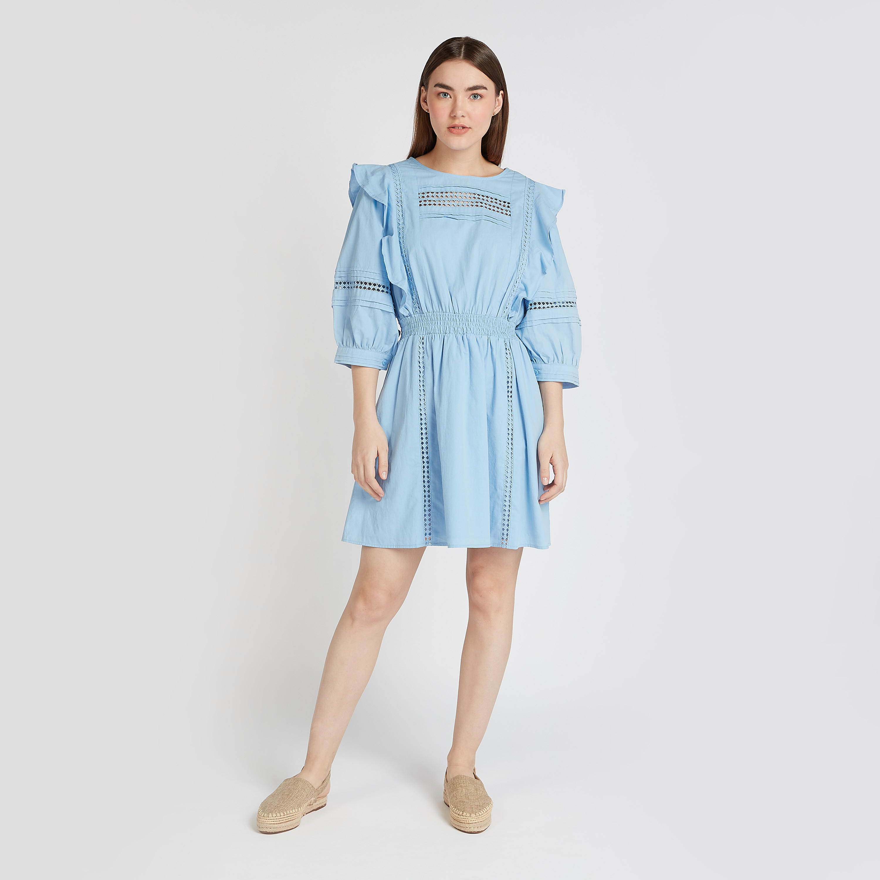 فستان إيه لاين قصير بياقة مستديرة وأكمام 3/4 مطرز-women-clothing-dresses-image-2