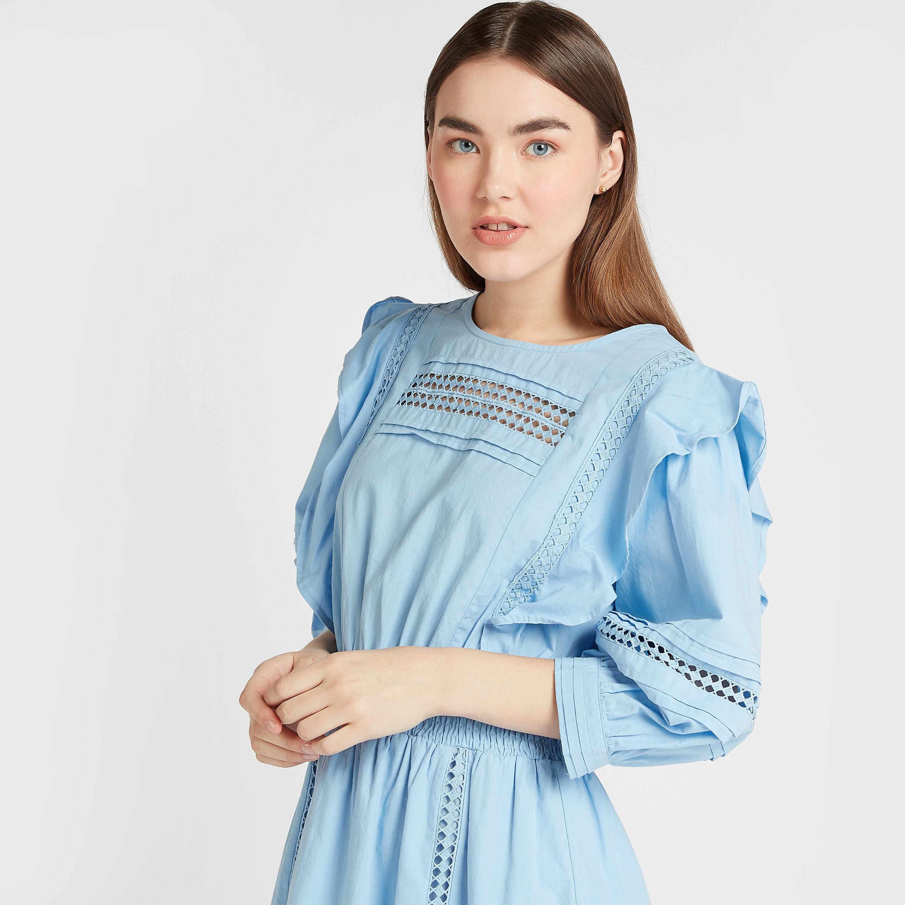 فستان إيه لاين قصير بياقة مستديرة وأكمام 3/4 مطرز-women-clothing-dresses-image-3