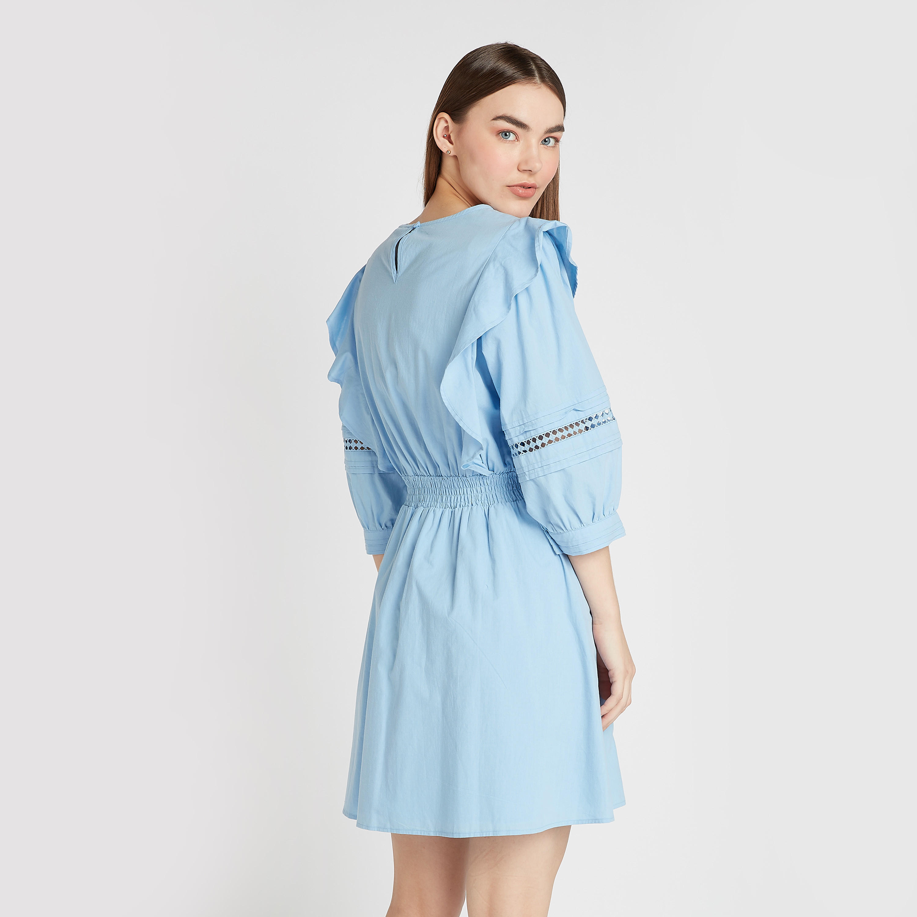 فستان إيه لاين قصير بياقة مستديرة وأكمام 3/4 مطرز-women-clothing-dresses-image-4