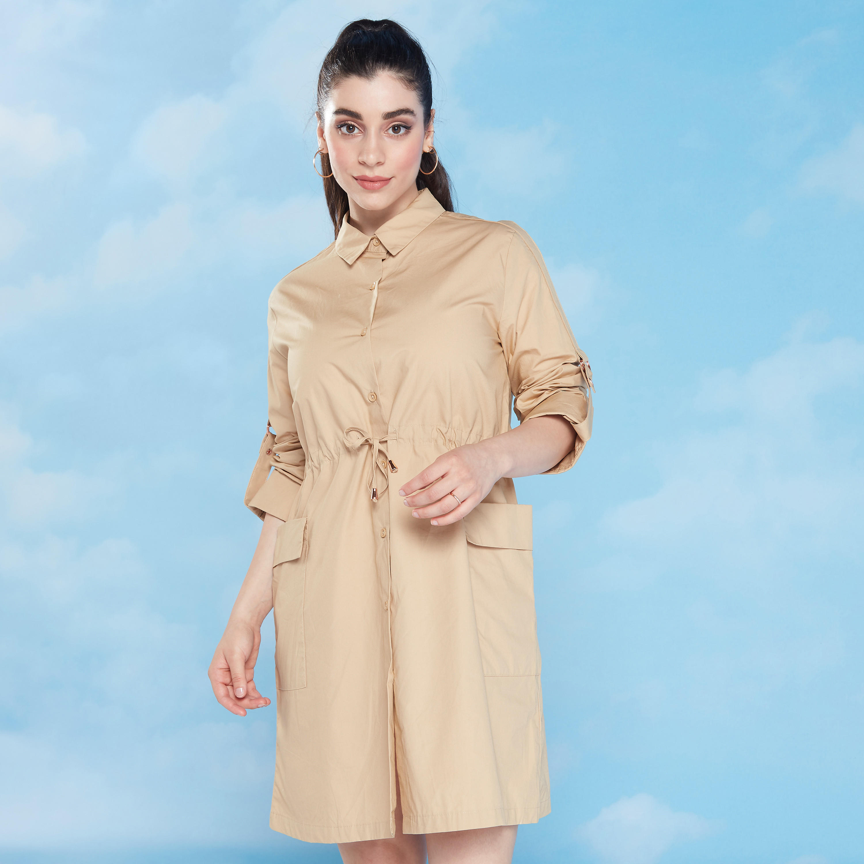 فستان قميص سادة طويل بأكمام طويلة وأربطة-women-clothing-dresses-image-1