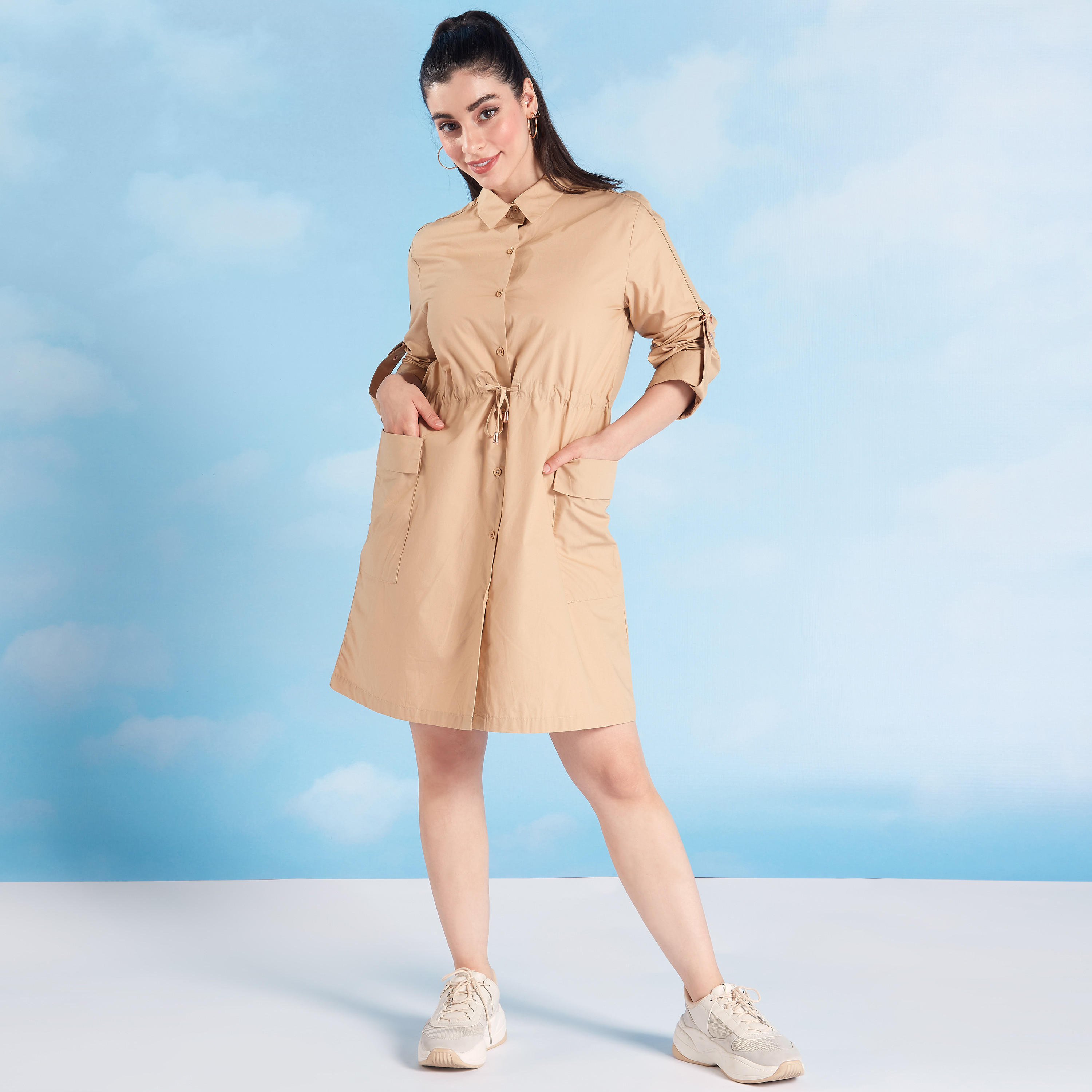 فستان قميص سادة طويل بأكمام طويلة وأربطة-women-clothing-dresses-image-2