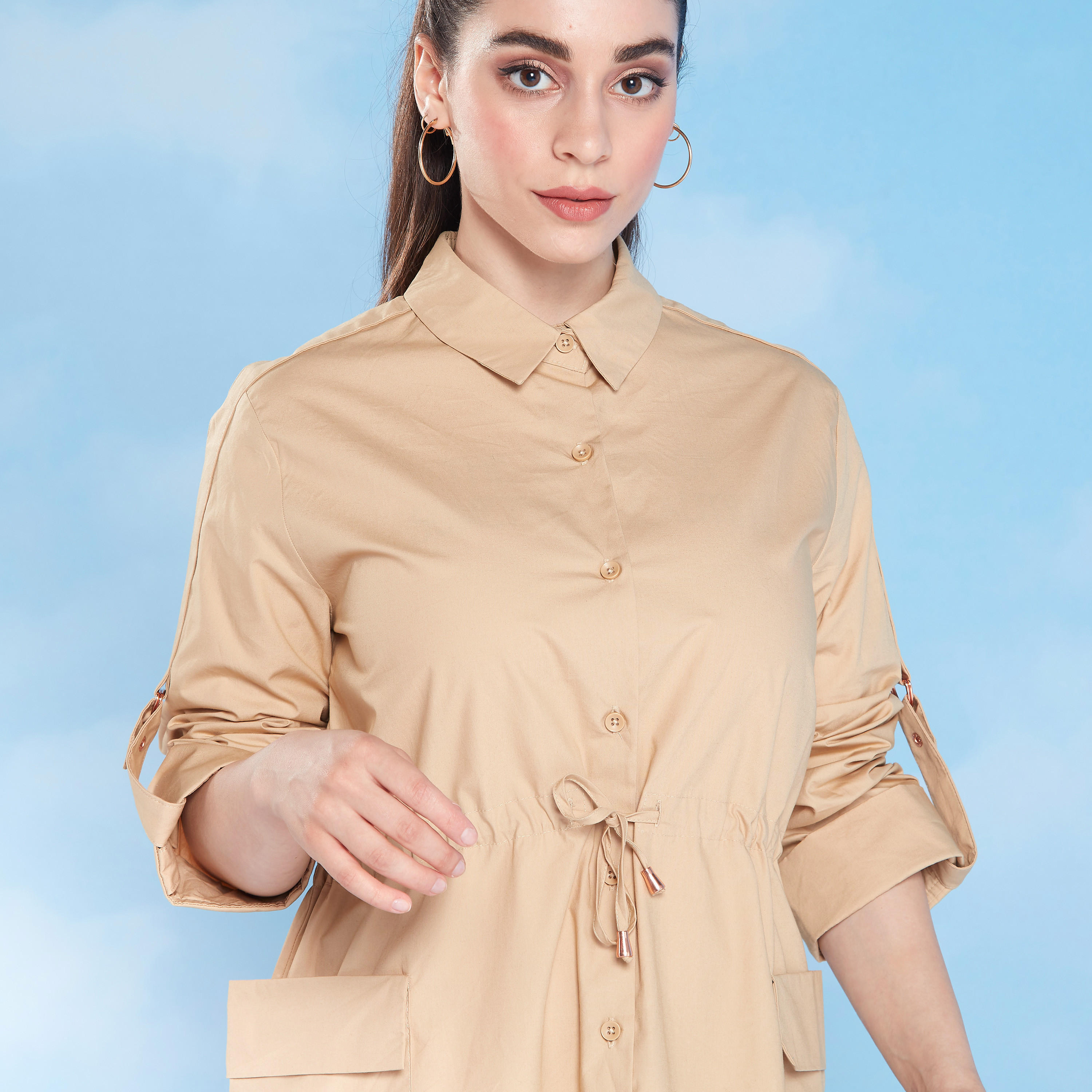 فستان قميص سادة طويل بأكمام طويلة وأربطة-women-clothing-dresses-image-3