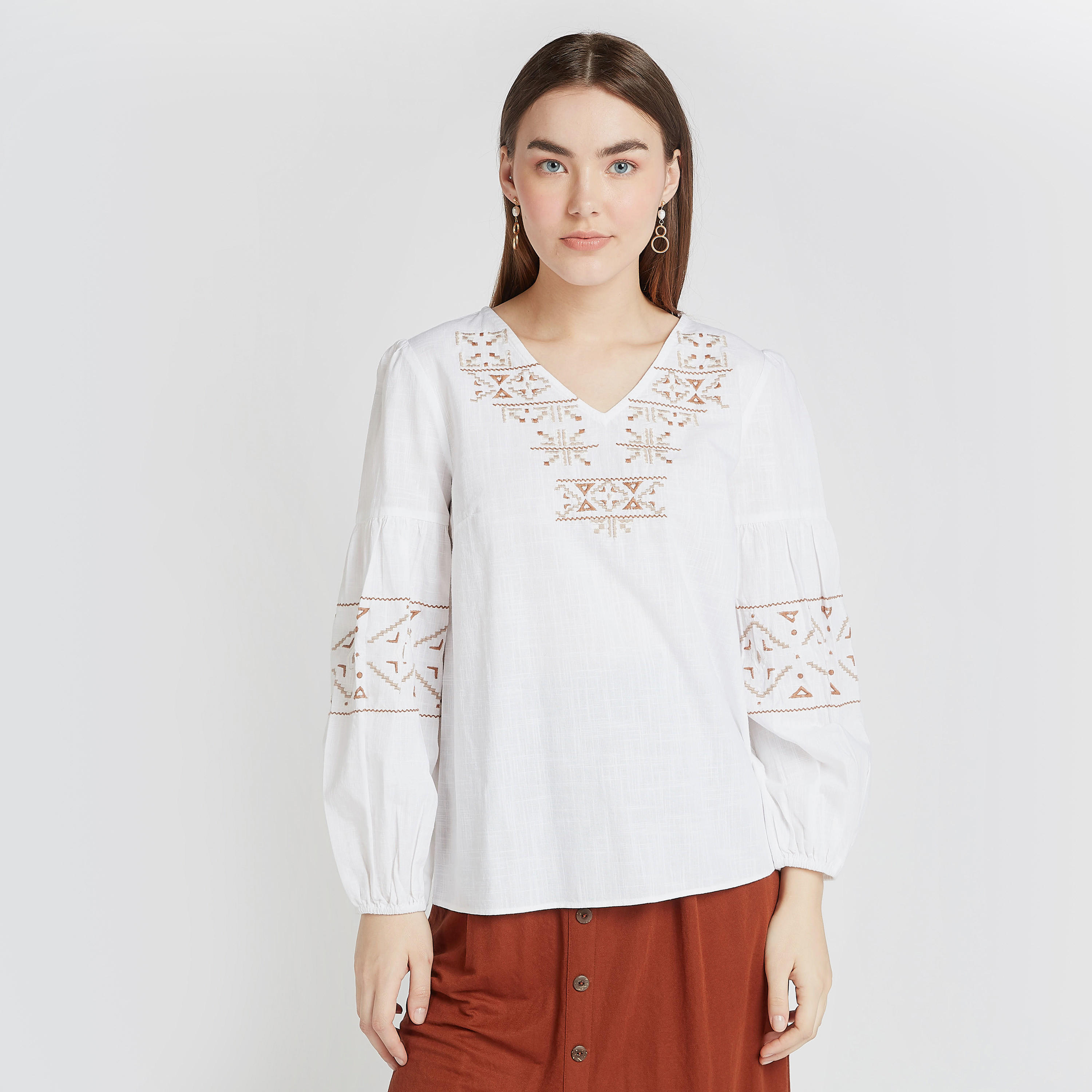 Embroidered Top with V-neck and Long Sleeves-women-clothing-shirtsandblouses-blouses-image-1