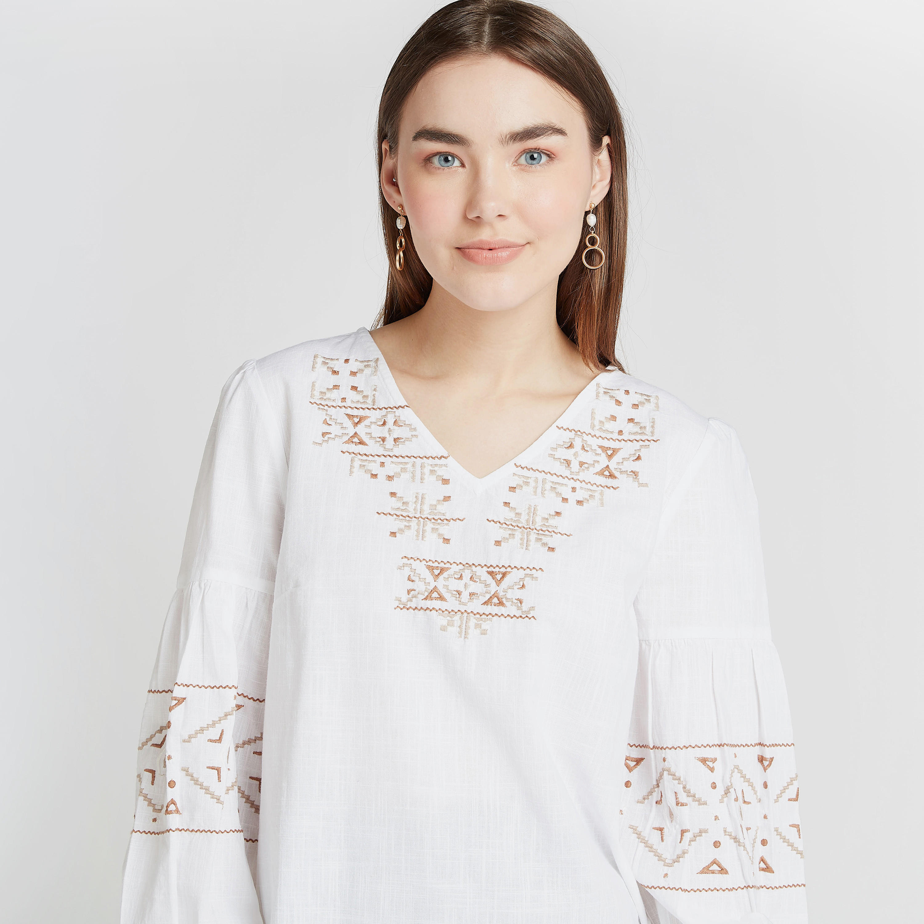Embroidered Top with V-neck and Long Sleeves-women-clothing-shirtsandblouses-blouses-image-3