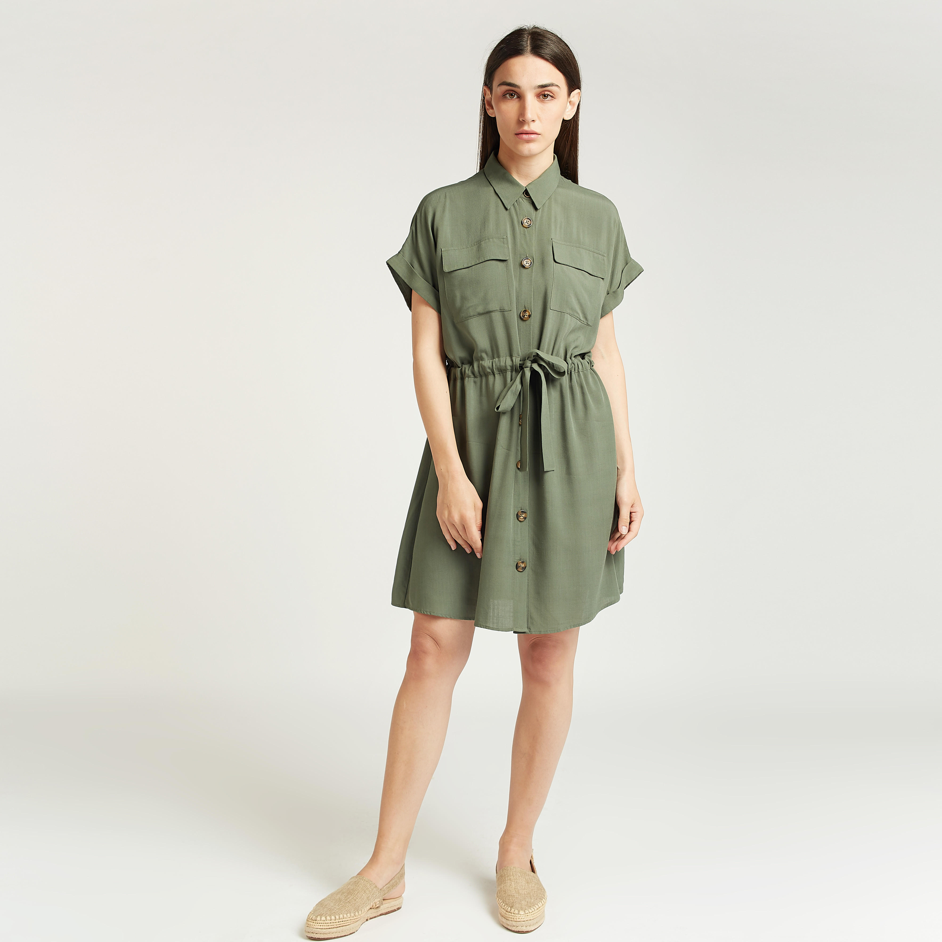فستان قميص قصير سادة إيه لاين بأكمام قصيرة وأربطة-women-clothing-dresses-image-3
