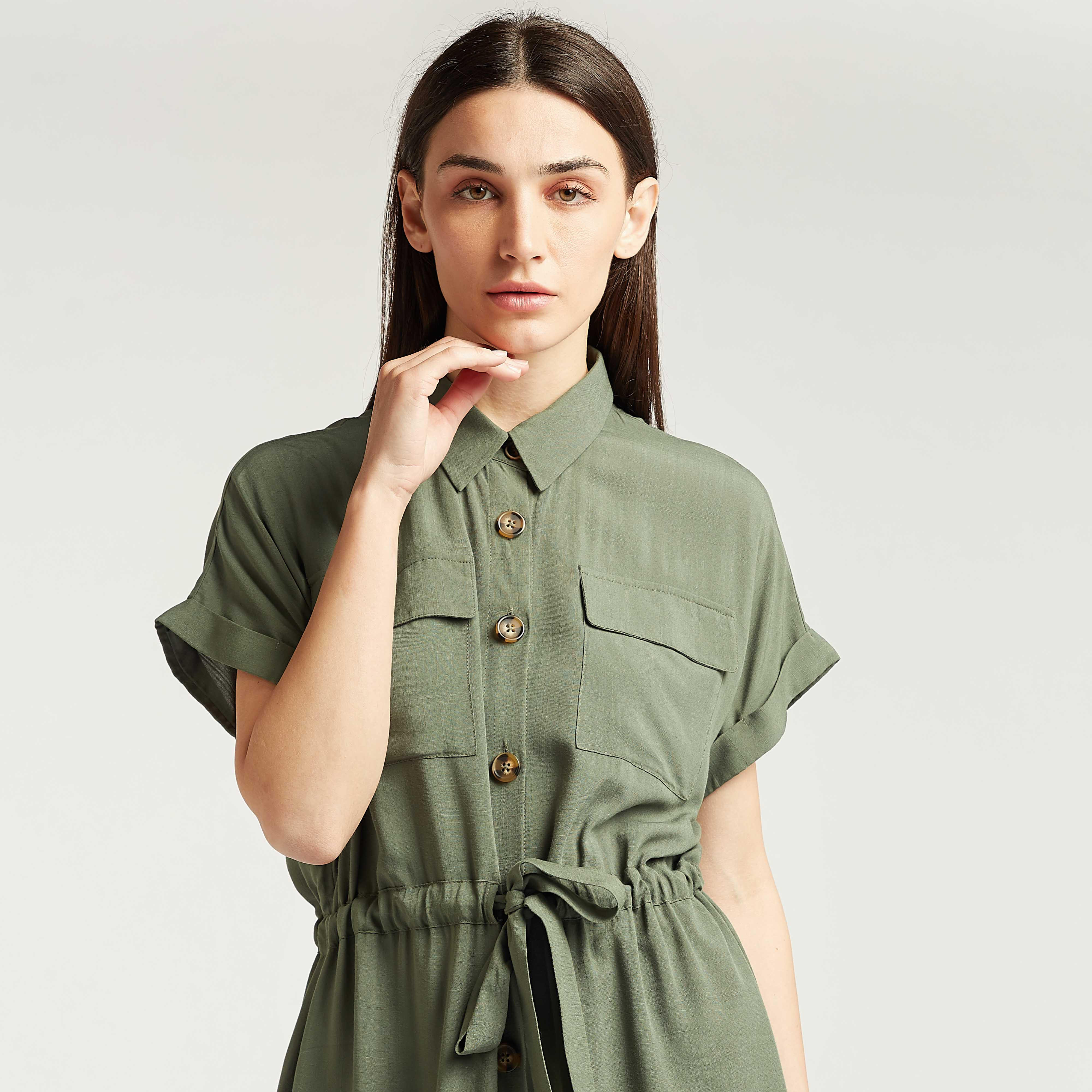 فستان قميص قصير سادة إيه لاين بأكمام قصيرة وأربطة-women-clothing-dresses-image-2