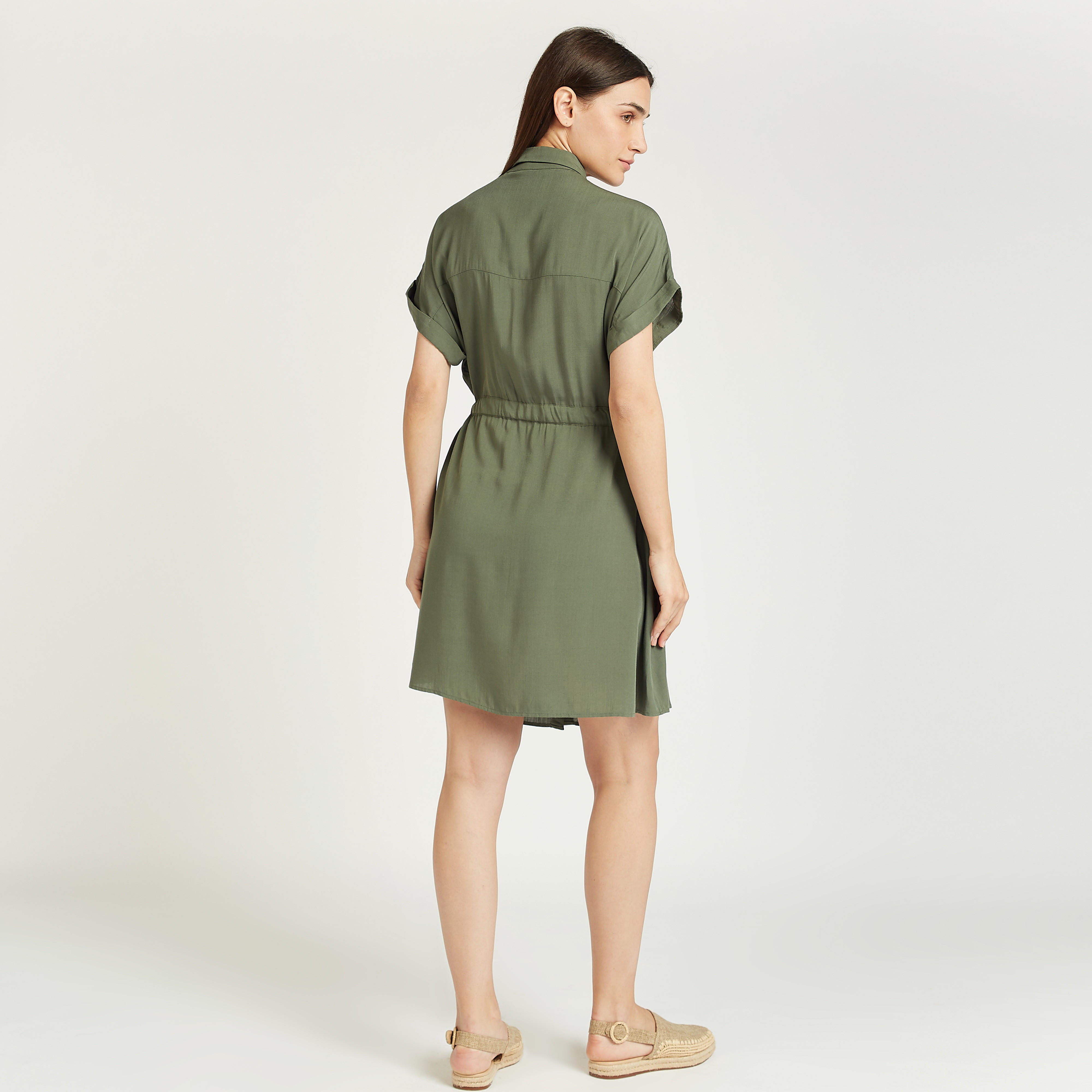 فستان قميص قصير سادة إيه لاين بأكمام قصيرة وأربطة-women-clothing-dresses-image-1