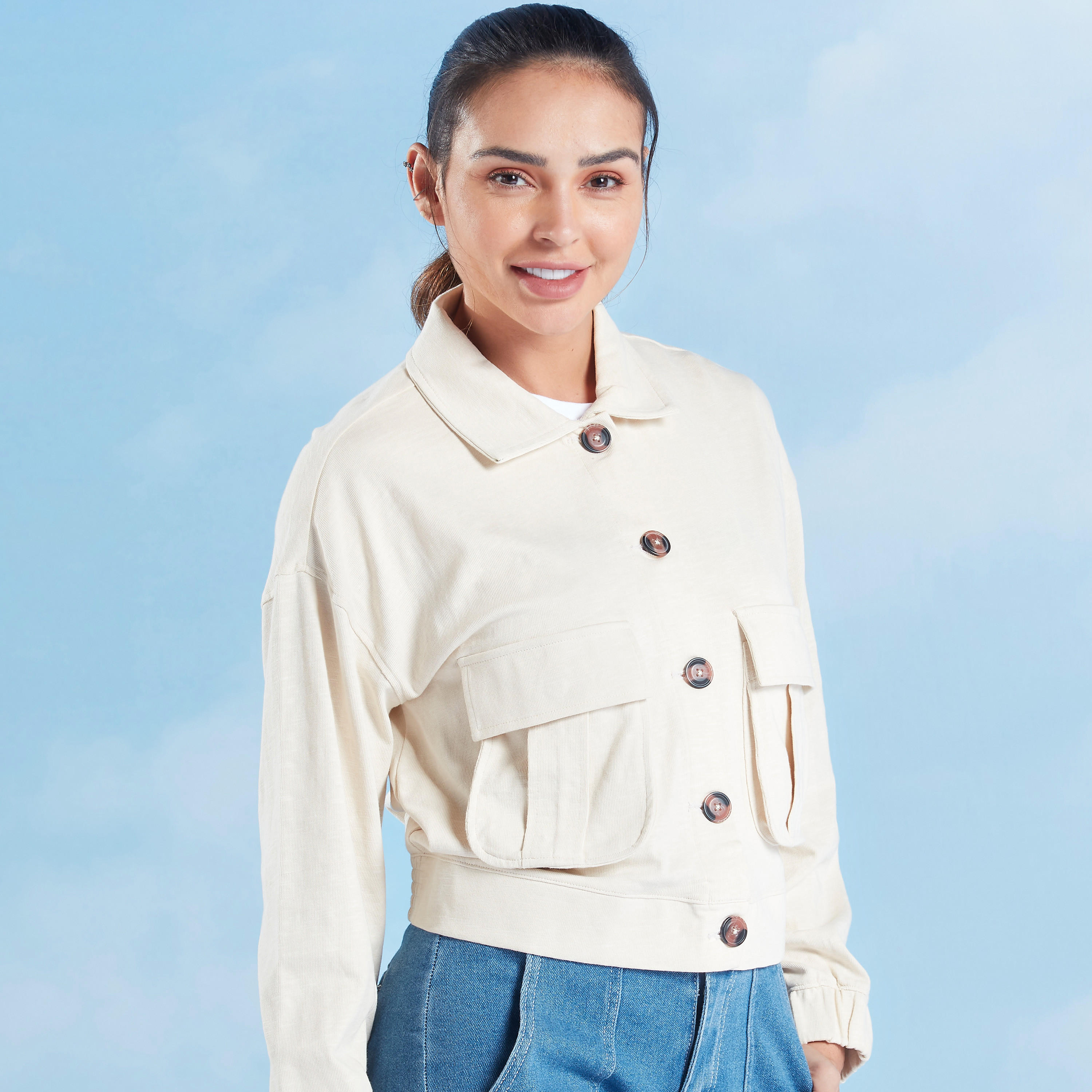 جاكيت بايكر بارز الملمس بأكمام طويلة وتفاصيل جيوب-women-winterwear-coatsandjackets-jackets-image-1
