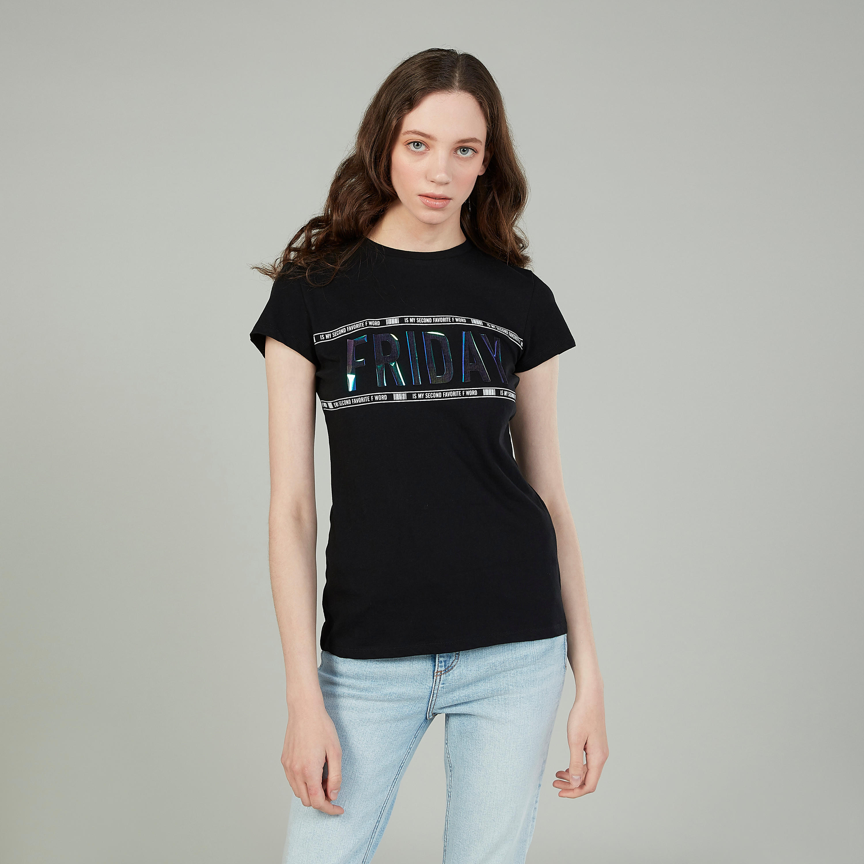 Typographic Print T-shirt with Crew Neck and Cap Sleeves-women-clothing-tshirts-image-1