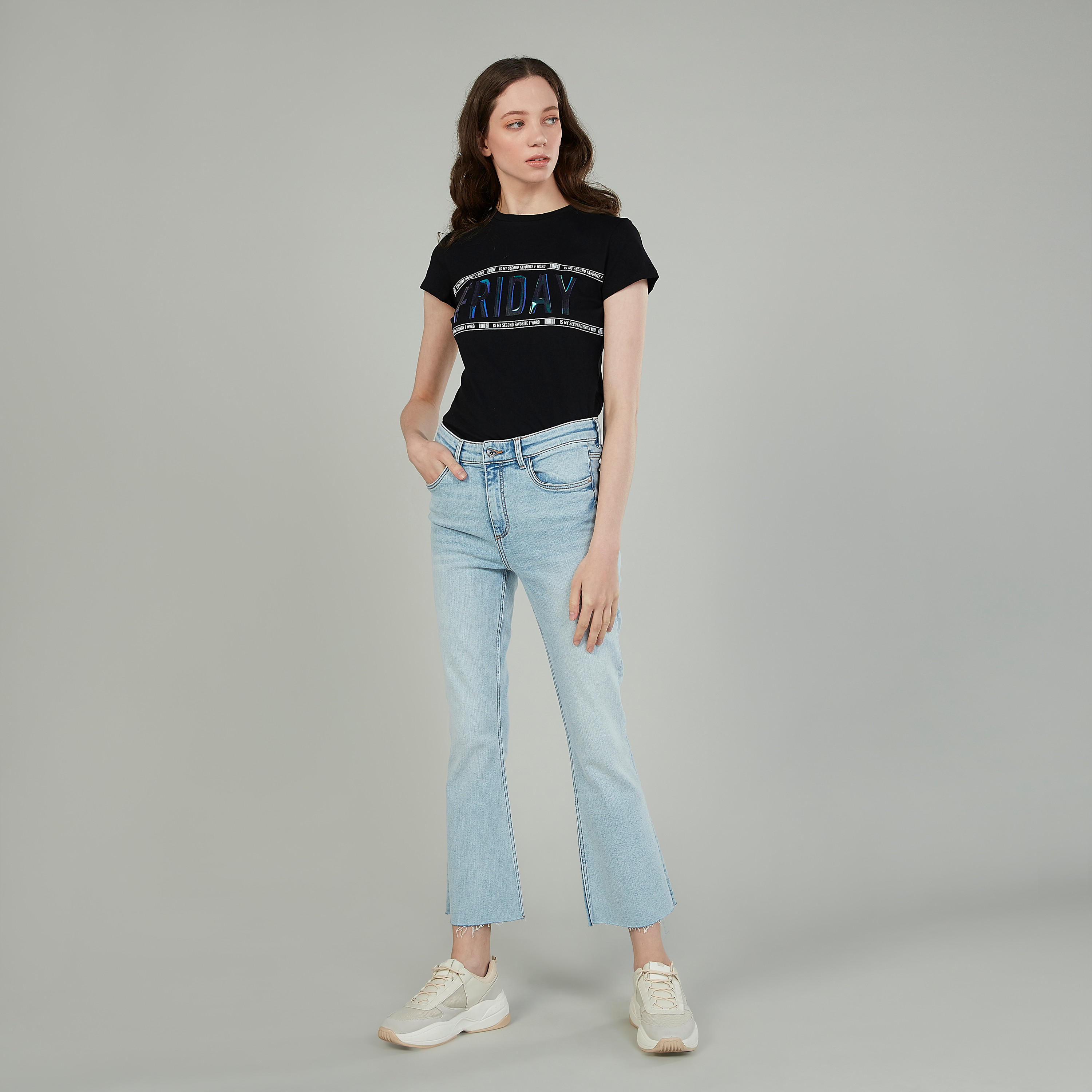 Typographic Print T-shirt with Crew Neck and Cap Sleeves-women-clothing-tshirts-image-2