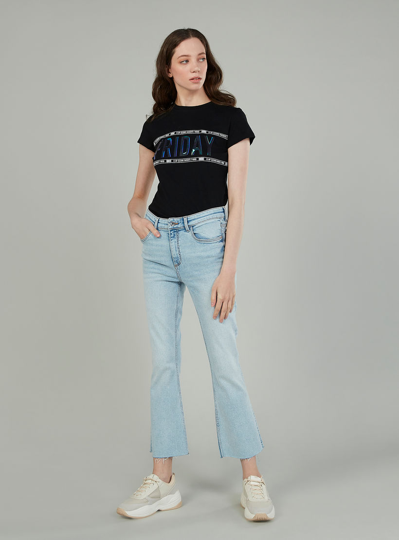 Typographic Print T-shirt with Crew Neck and Cap Sleeves-women-clothing-tshirts-image-2