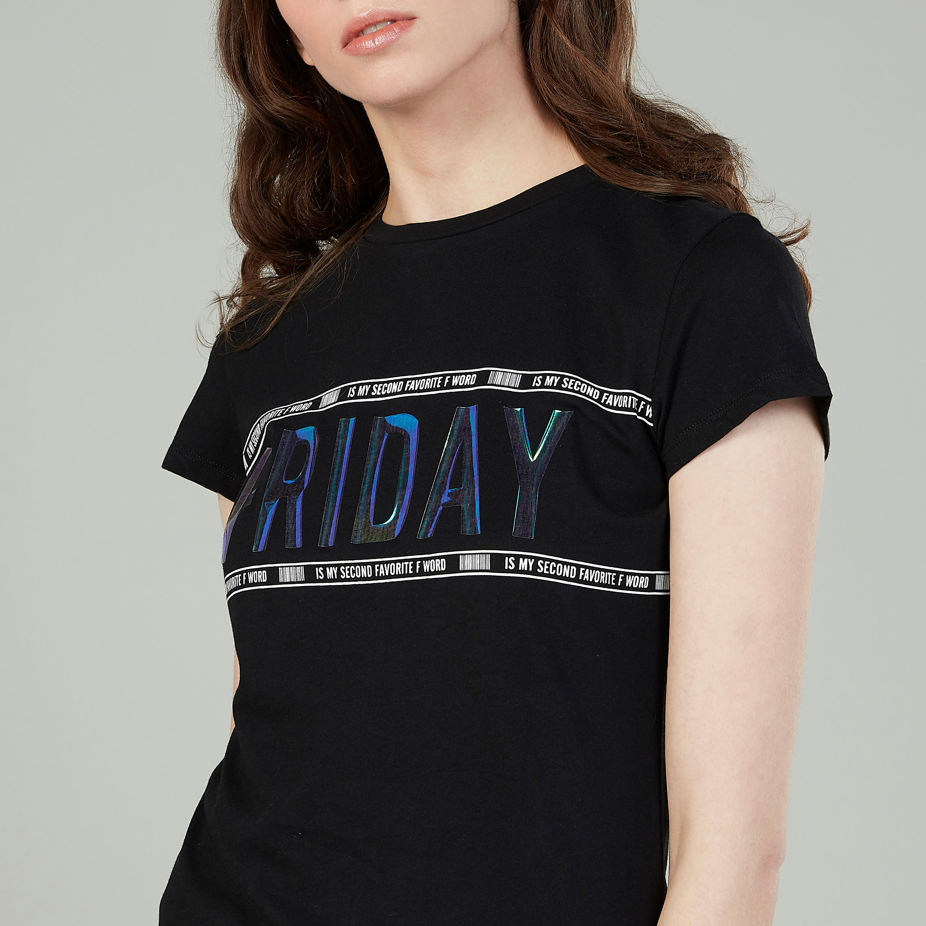 Typographic Print T-shirt with Crew Neck and Cap Sleeves-women-clothing-tshirts-image-3