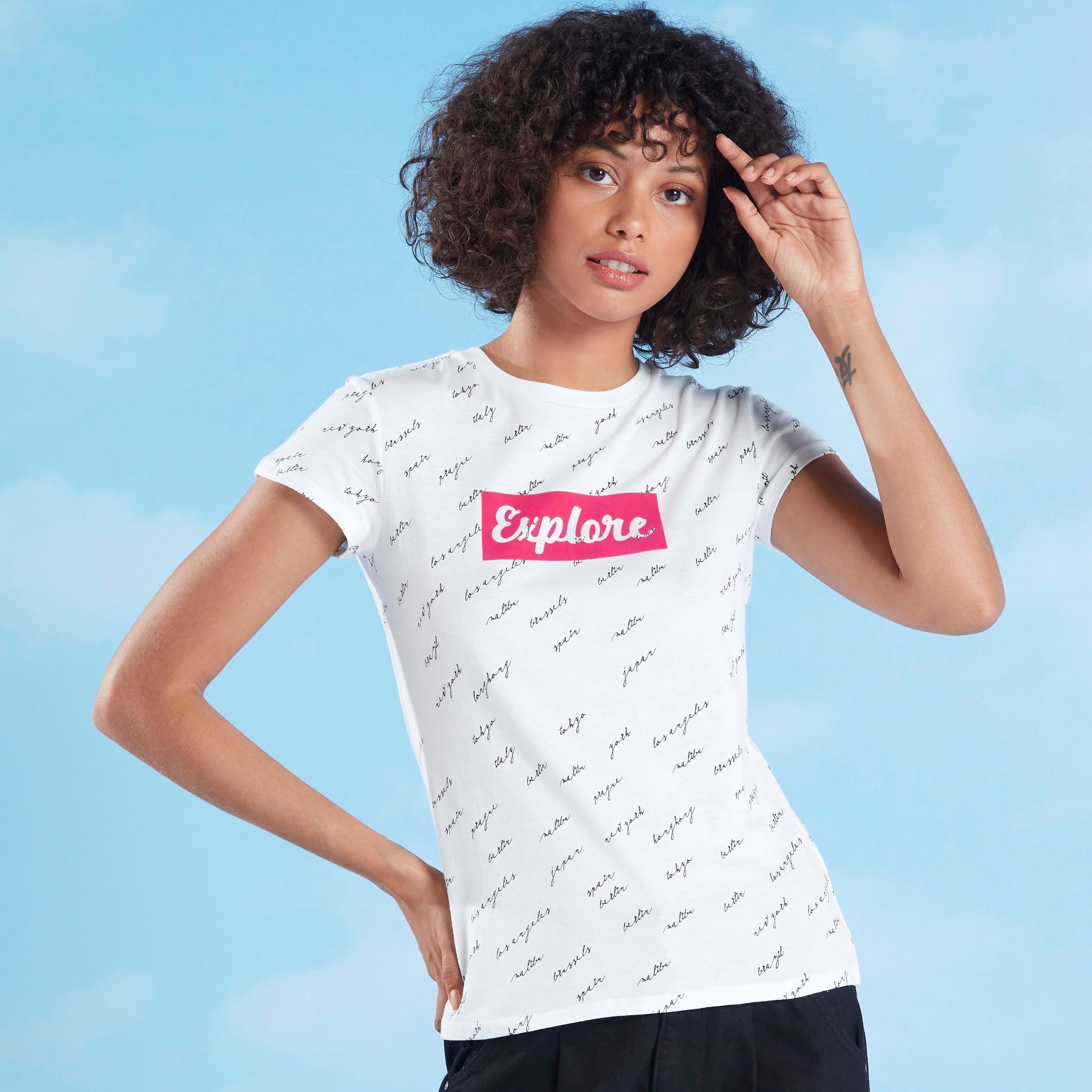 Printed T-shirt with Crew Neck and Cap Sleeves-women-clothing-tshirts-image-1