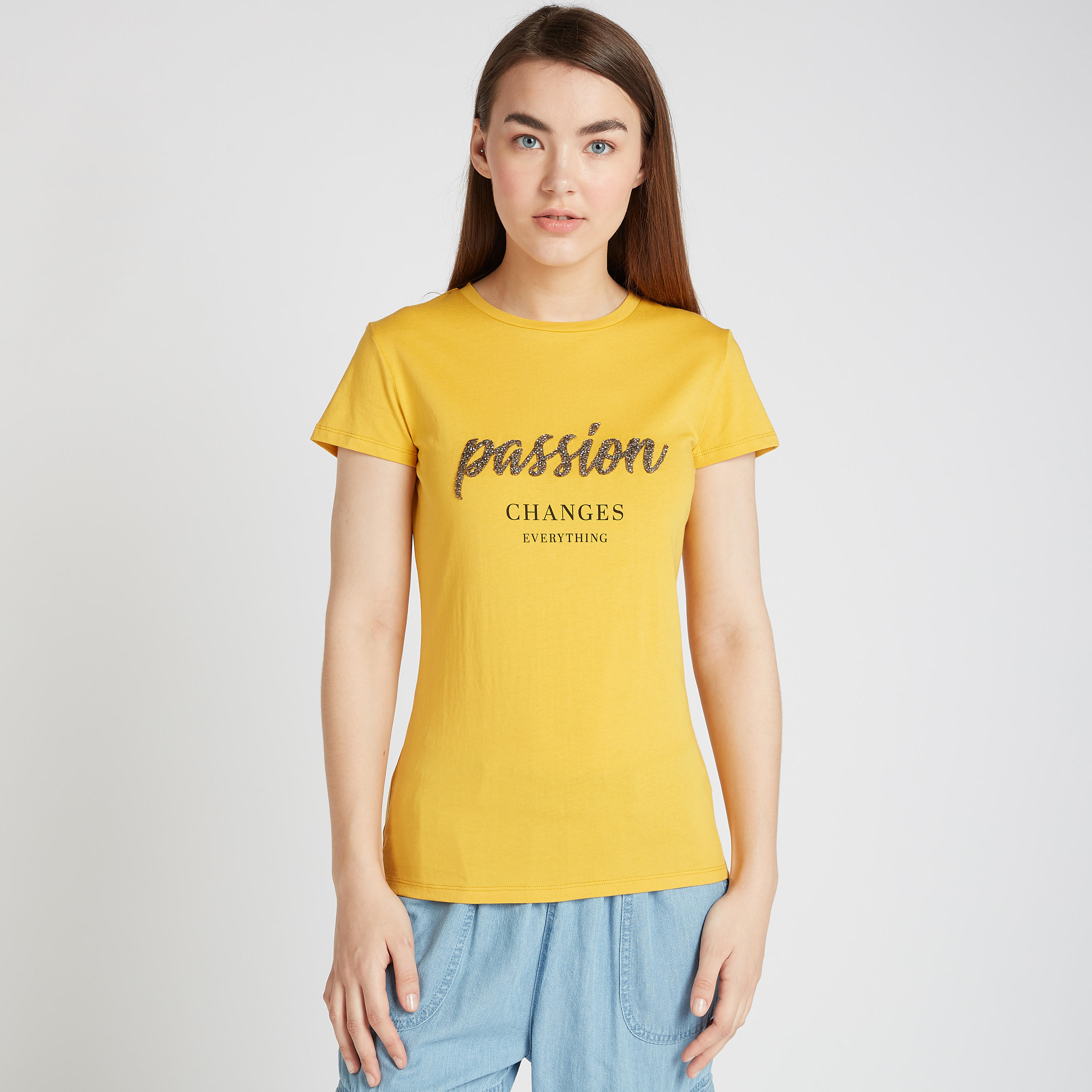 Typographic Print T-shirt with Crew Neck and Short Sleeves-women-clothing-tshirts-image-1