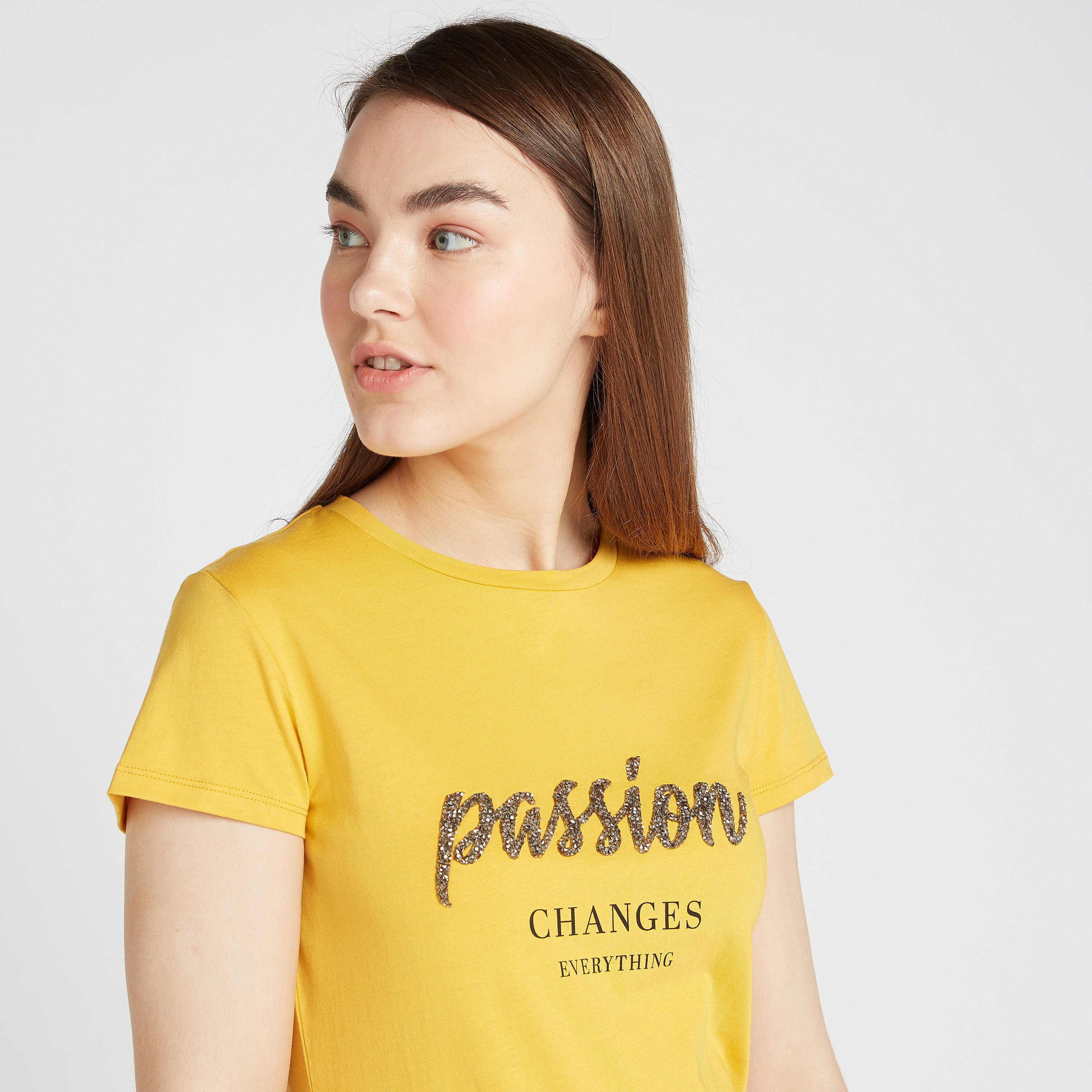 Typographic Print T-shirt with Crew Neck and Short Sleeves-women-clothing-tshirts-image-3