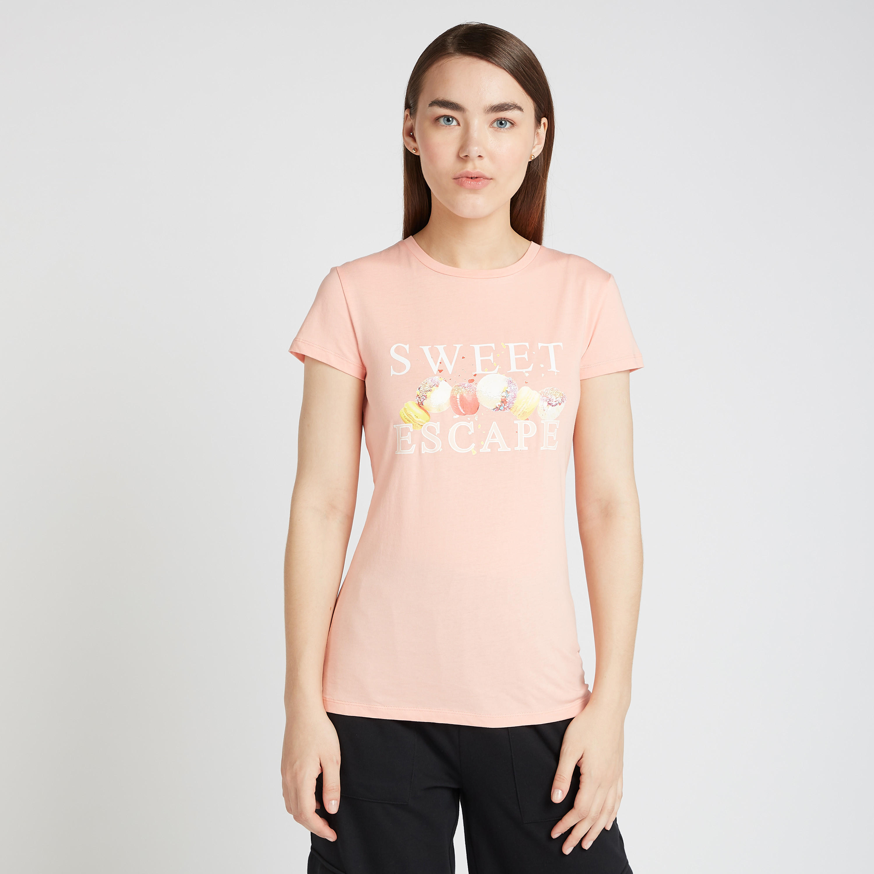 Printed T-shirt with Crew Neck and Cap Sleeves-women-clothing-tshirts-image-1