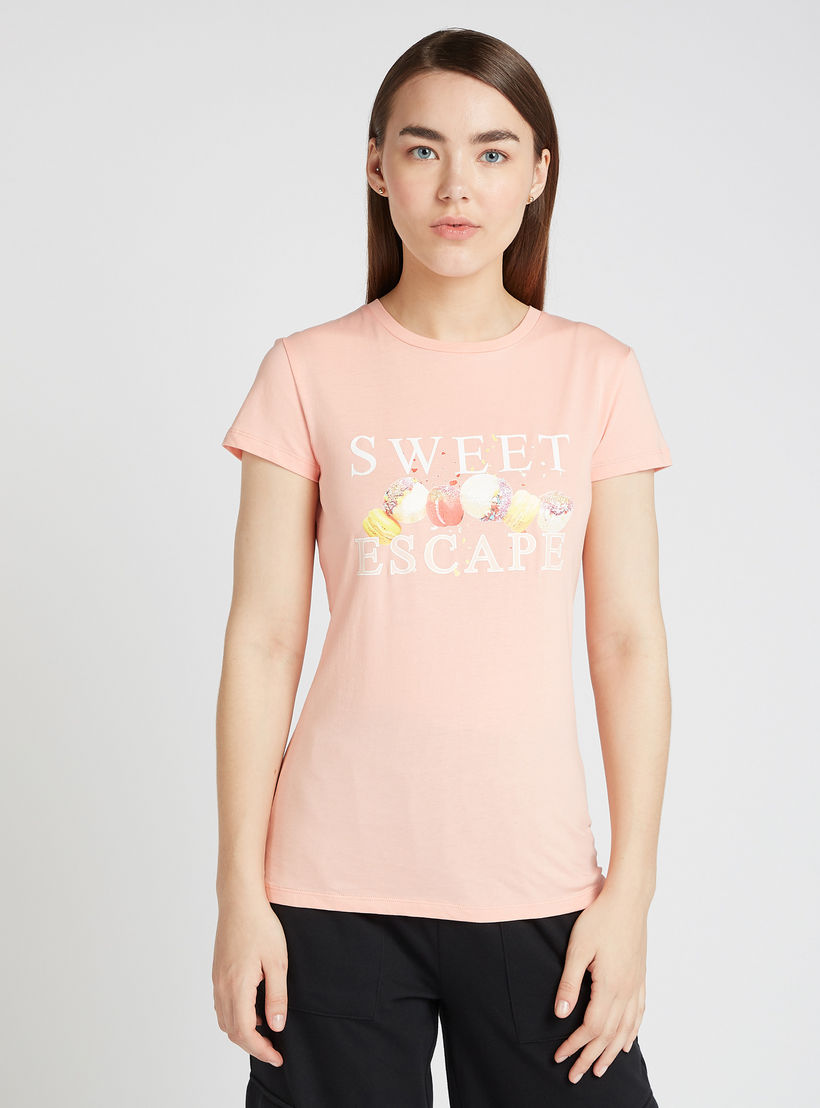 Printed T-shirt with Crew Neck and Cap Sleeves-women-clothing-tshirts-image-1