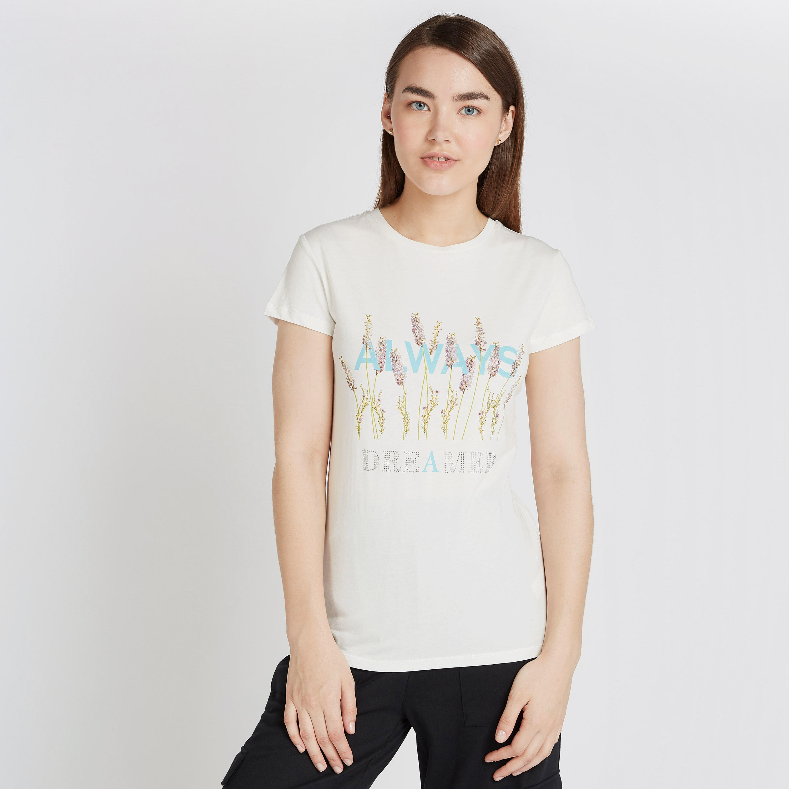 Printed T-shirt with Crew Neck and Cap Sleeves-women-clothing-tshirts-image-1
