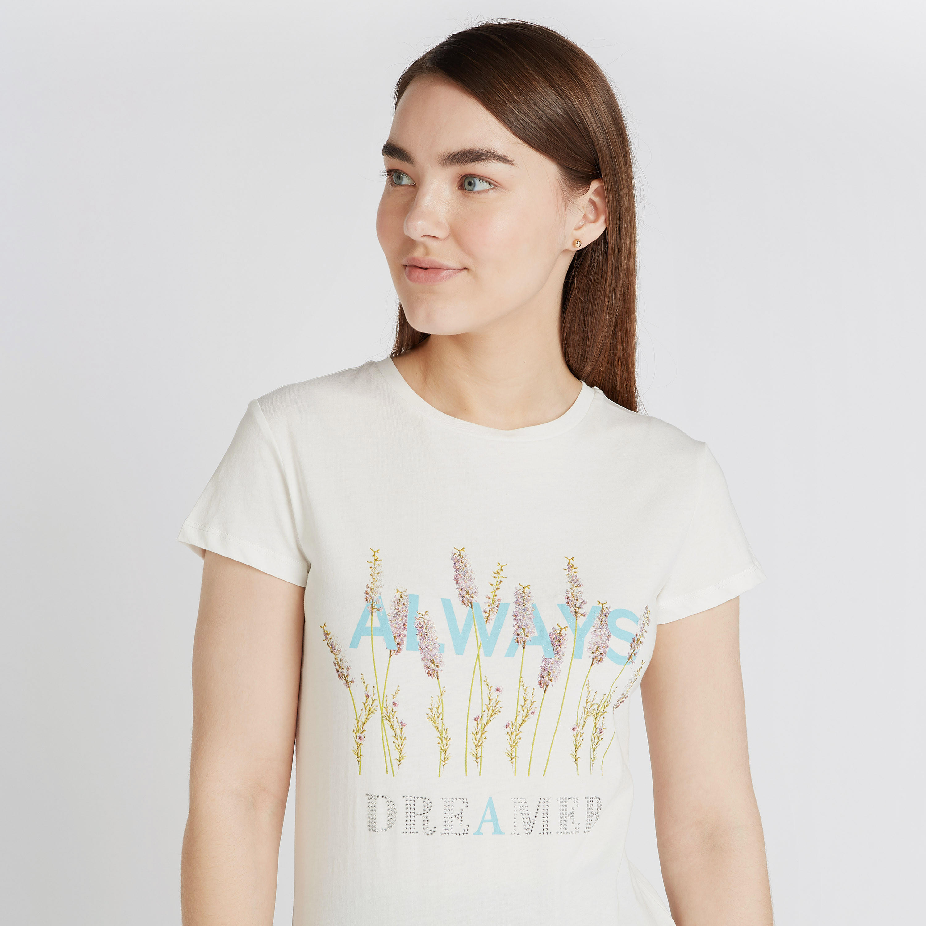 Printed T-shirt with Crew Neck and Cap Sleeves-women-clothing-tshirts-image-3