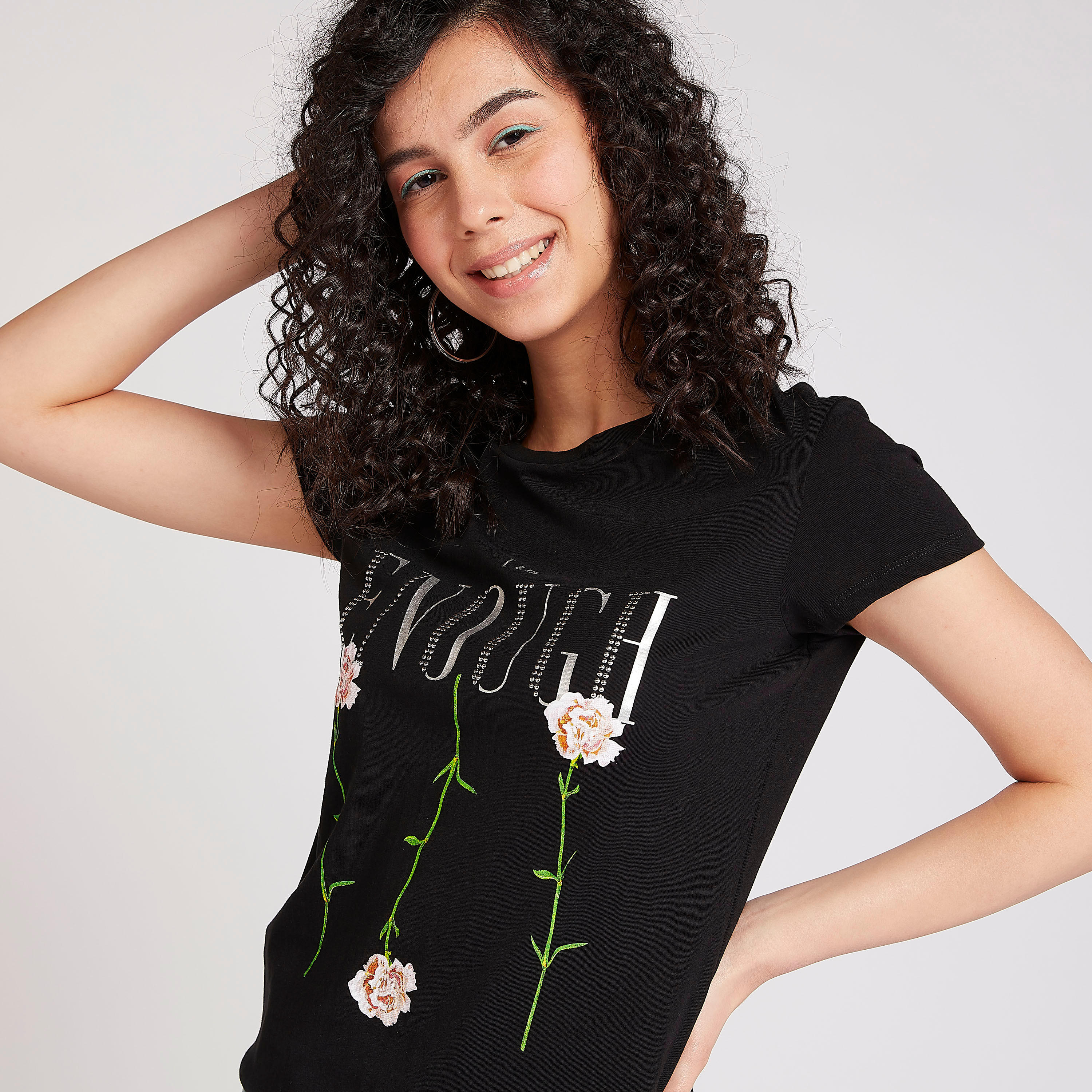 Printed T-shirt with Crew Neck and Cap Sleeves-women-clothing-tshirts-image-1