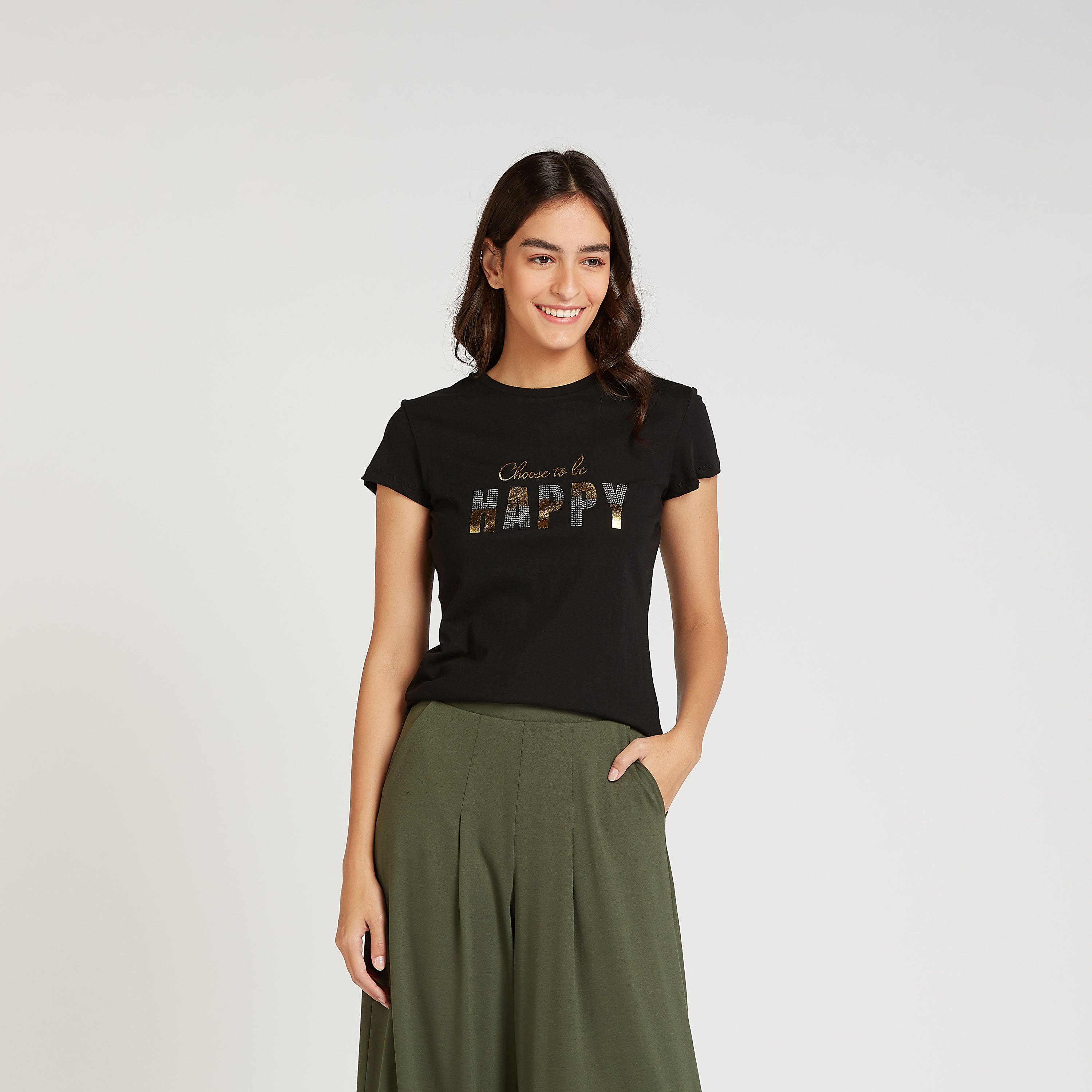 تيشيرت مزين بياقة ضيقة وأكمام قصيرة-women-clothing-tshirts-image-1