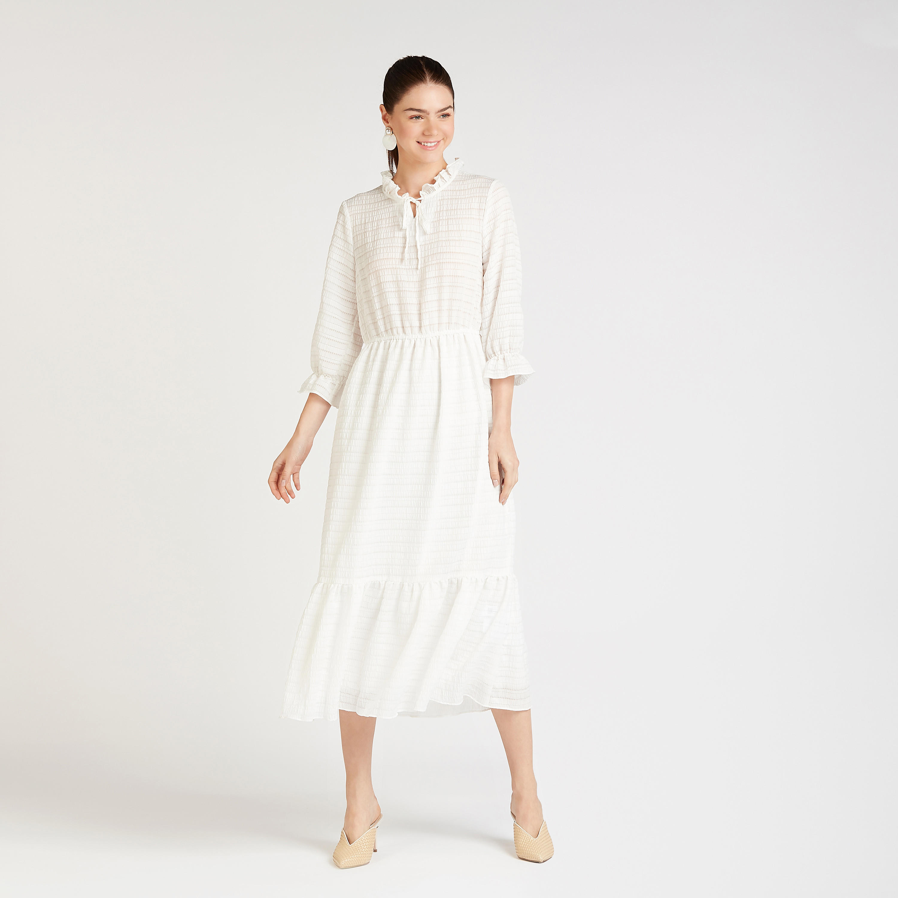 فستان ميدي إيه لاين بارز الملمس بياقة مكشكشة وأكمام واسعة 3/4-women-clothing-dresses-image-1