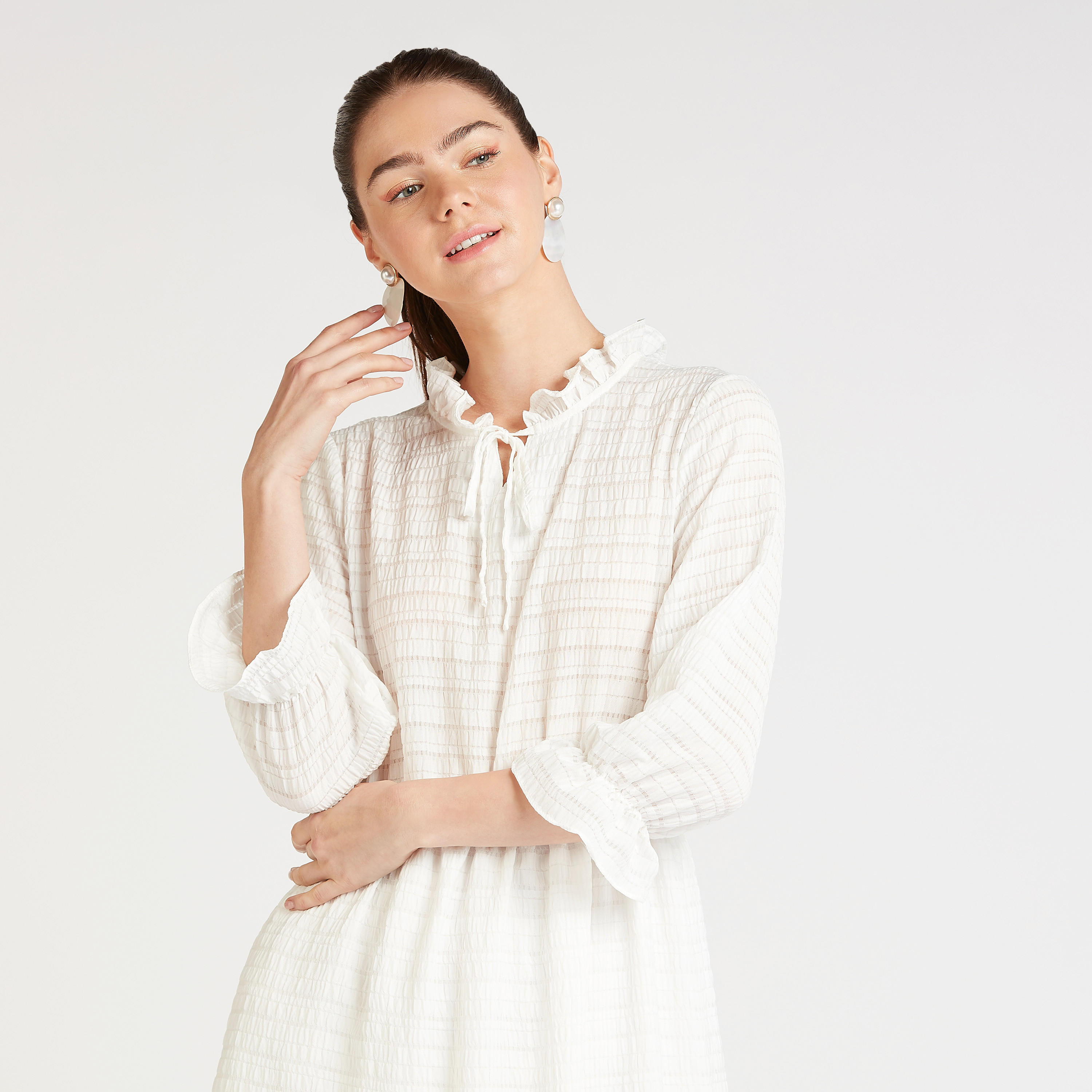 فستان ميدي إيه لاين بارز الملمس بياقة مكشكشة وأكمام واسعة 3/4-women-clothing-dresses-image-2
