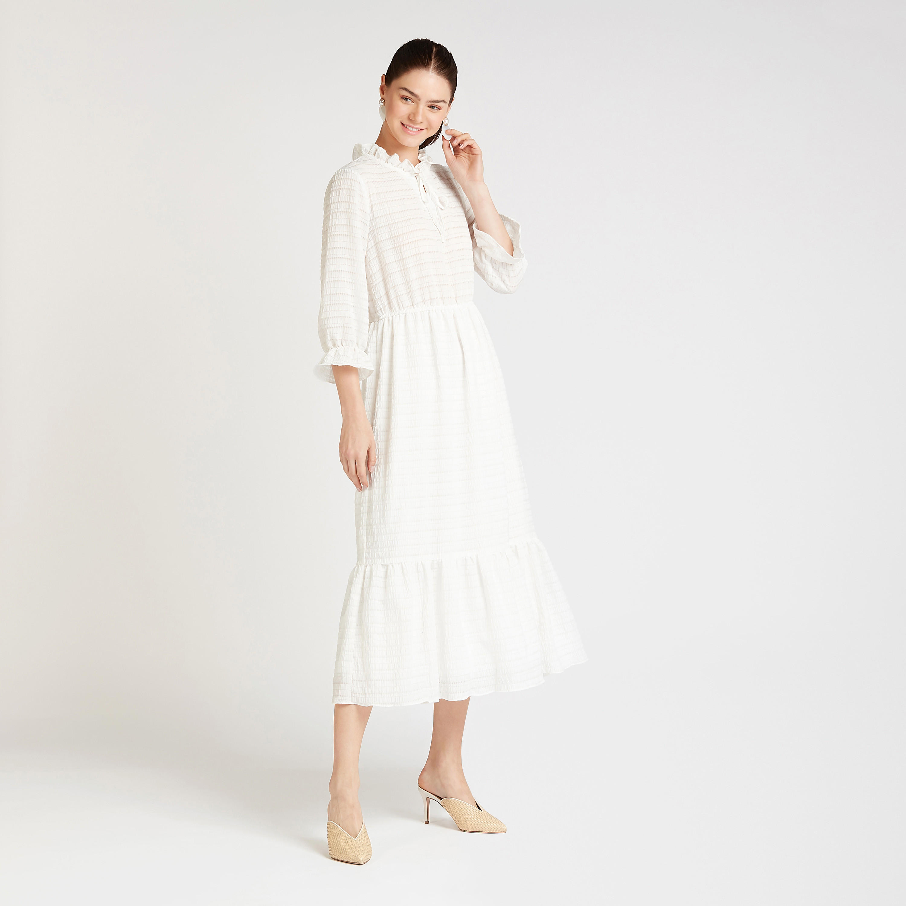 فستان ميدي إيه لاين بارز الملمس بياقة مكشكشة وأكمام واسعة 3/4-women-clothing-dresses-image-3