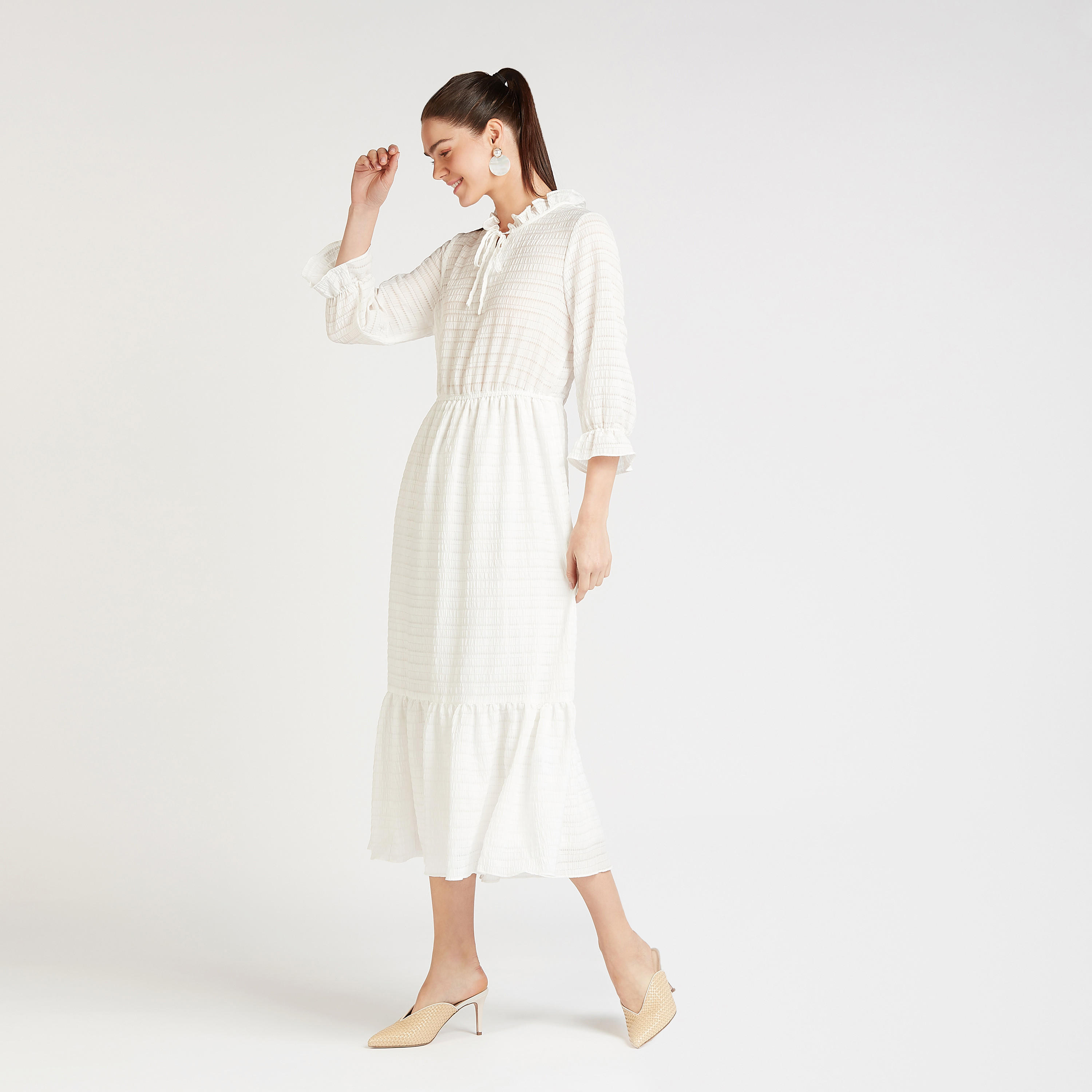 فستان ميدي إيه لاين بارز الملمس بياقة مكشكشة وأكمام واسعة 3/4-women-clothing-dresses-image-4