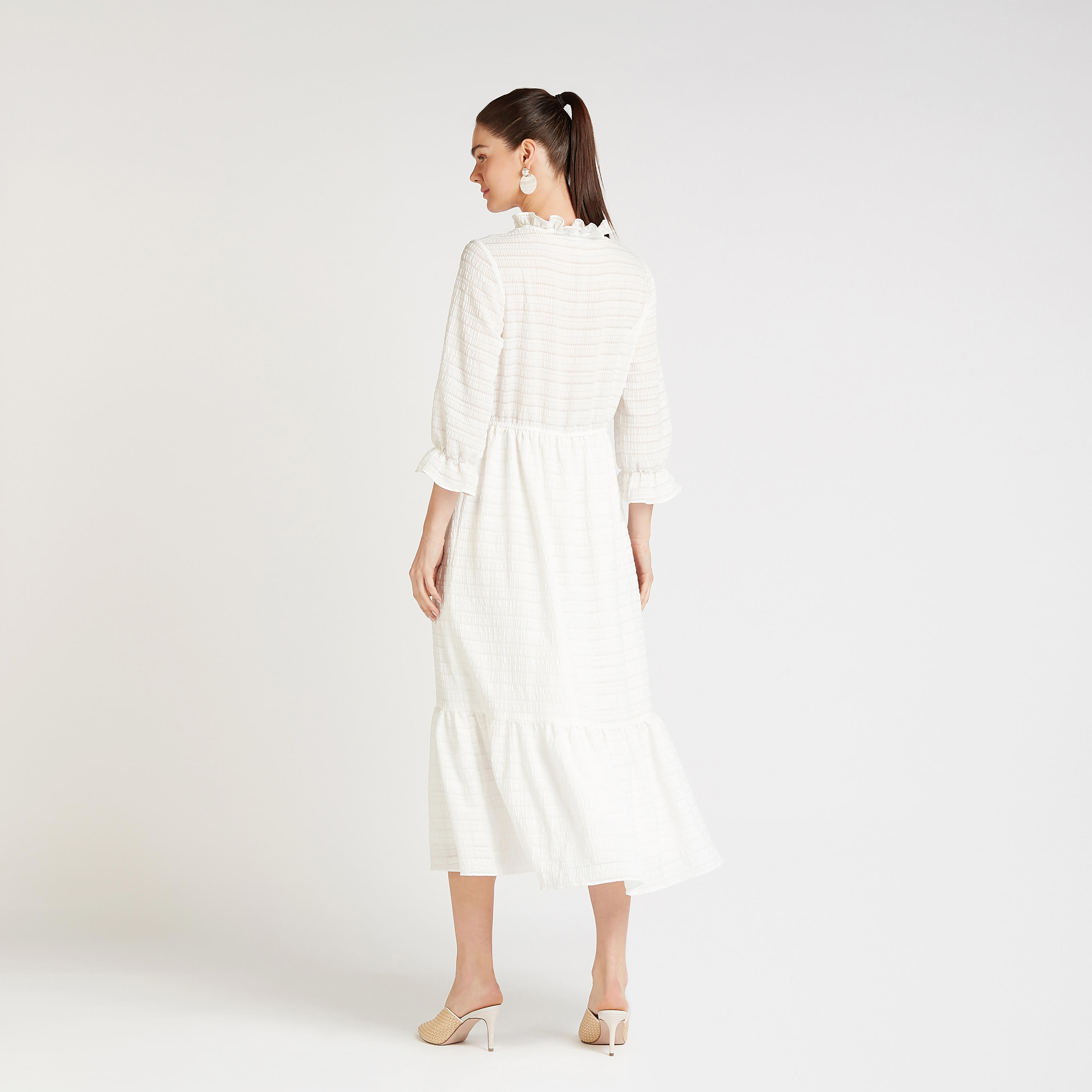 فستان ميدي إيه لاين بارز الملمس بياقة مكشكشة وأكمام واسعة 3/4-women-clothing-dresses-image-5