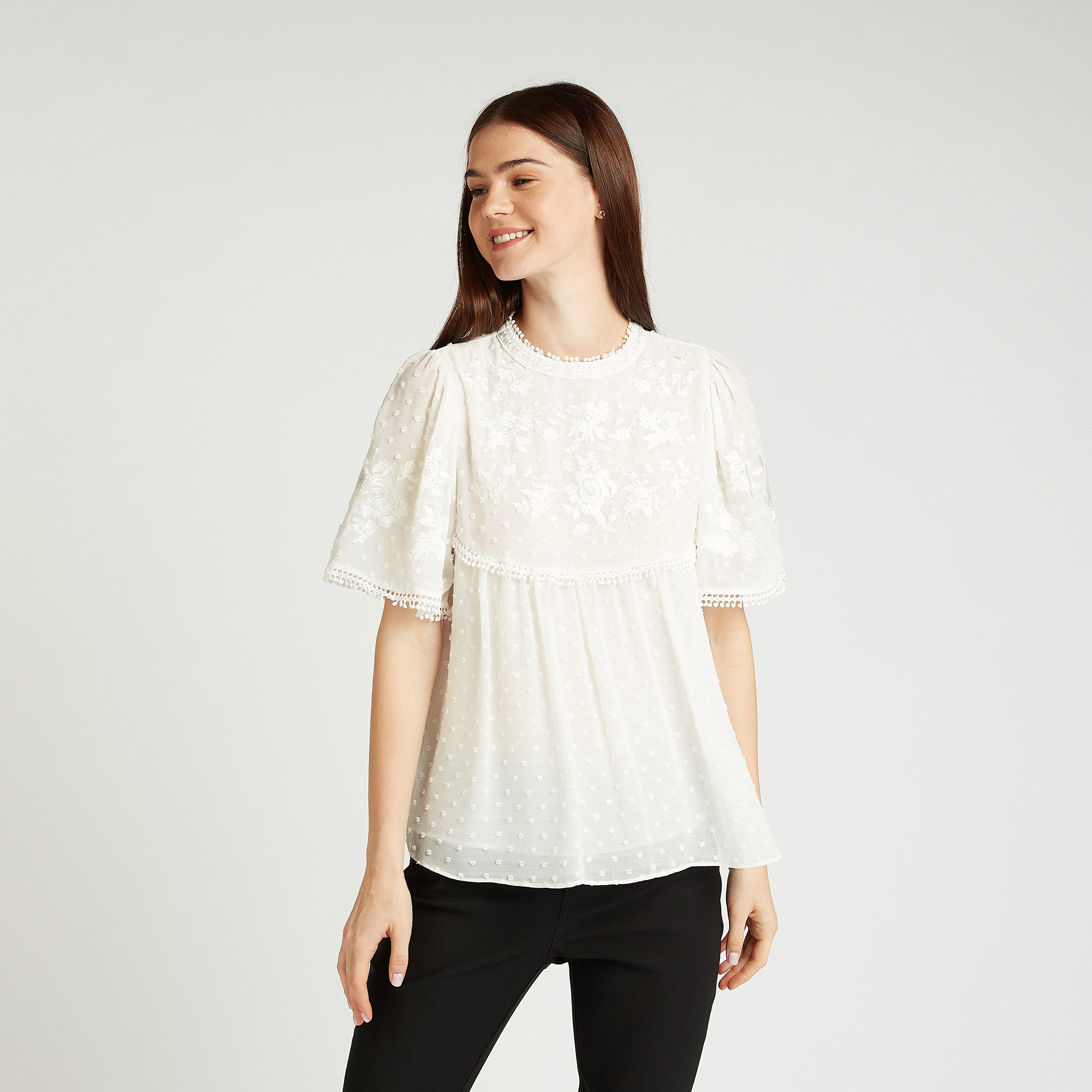 بلوزة سكيني بارزة الملمس بياقة طوق وأكمام قصيرة-women-clothing-shirtsandblouses-blouses-image-1