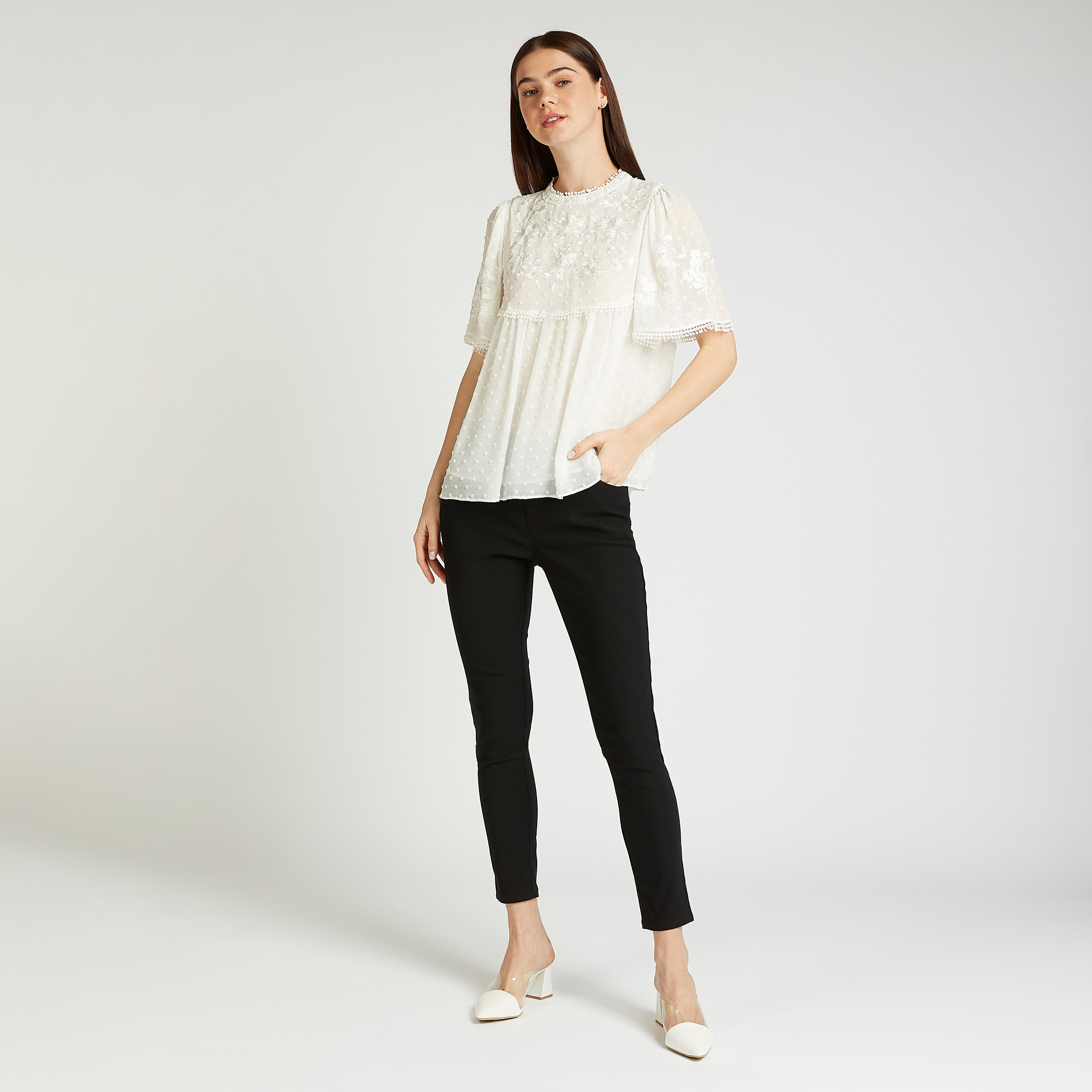 بلوزة سكيني بارزة الملمس بياقة طوق وأكمام قصيرة-women-clothing-shirtsandblouses-blouses-image-2
