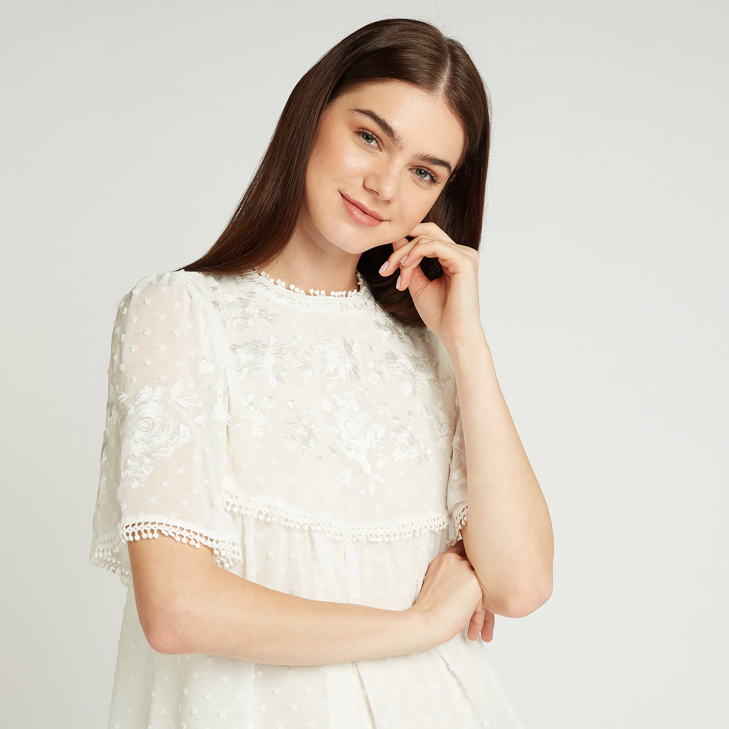 بلوزة سكيني بارزة الملمس بياقة طوق وأكمام قصيرة-women-clothing-shirtsandblouses-blouses-image-3