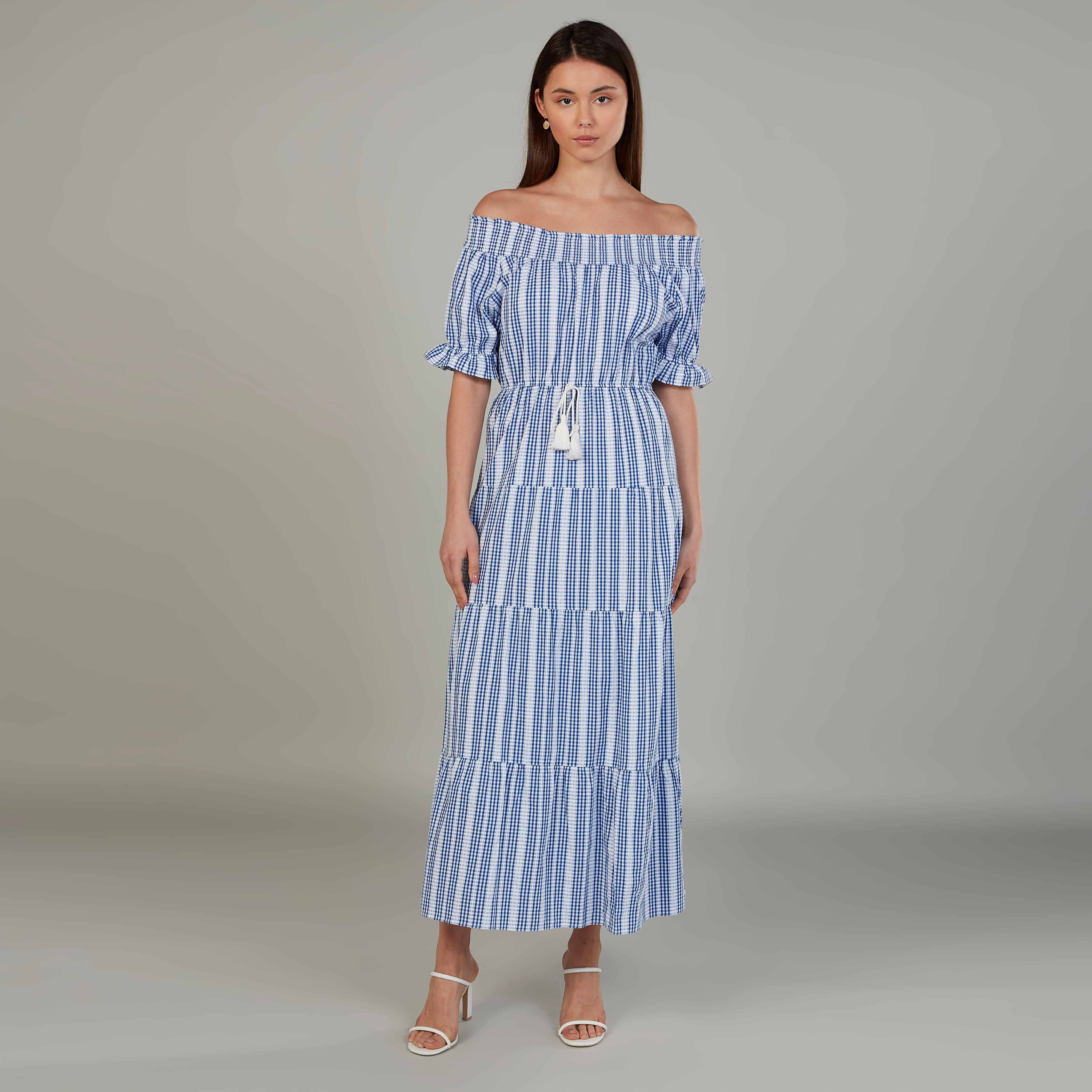 Striped Maxi Off Shoulder Dress with Short Sleeves and Tie Ups-women-clothing-dresses-image-1