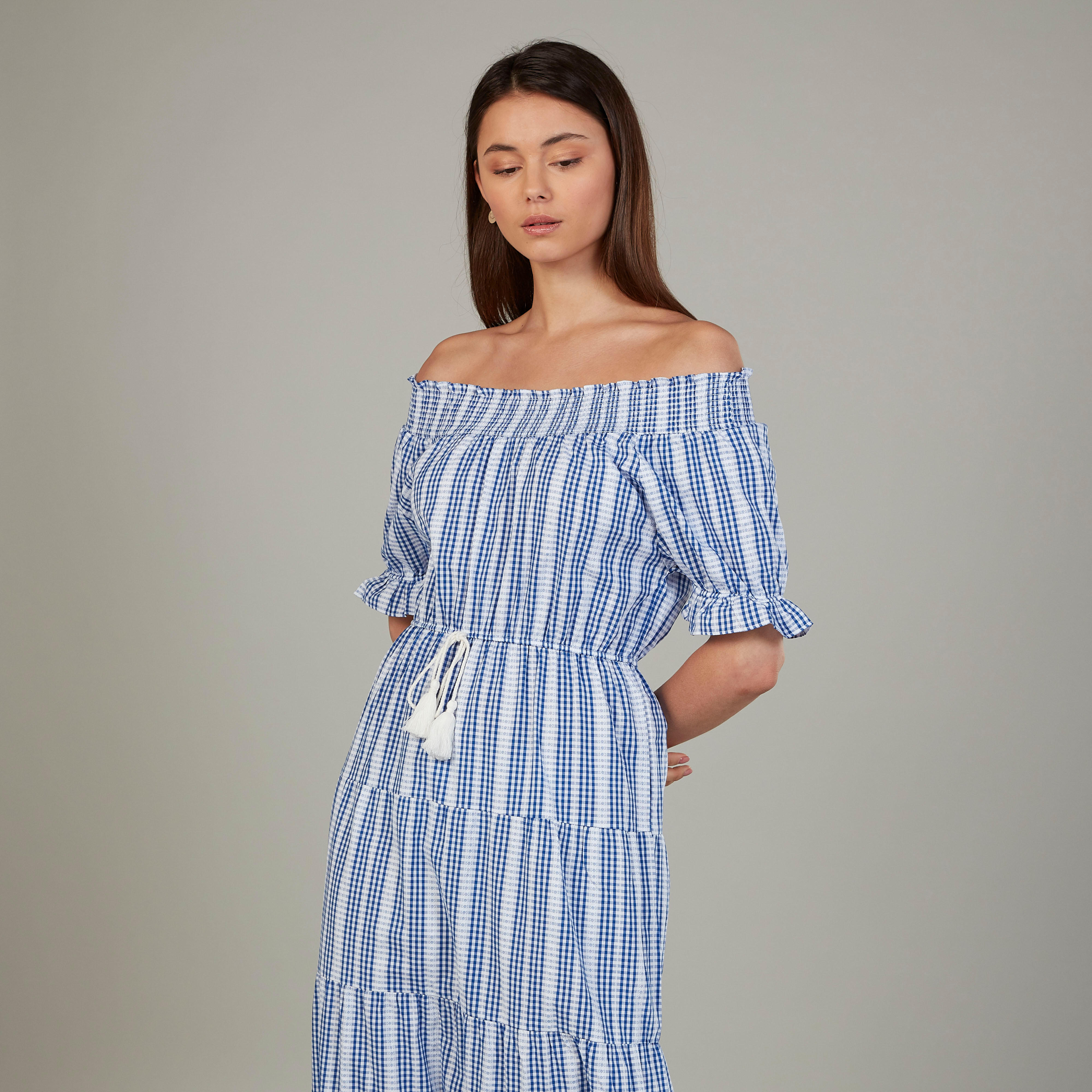 Striped Maxi Off Shoulder Dress with Short Sleeves and Tie Ups-women-clothing-dresses-image-2